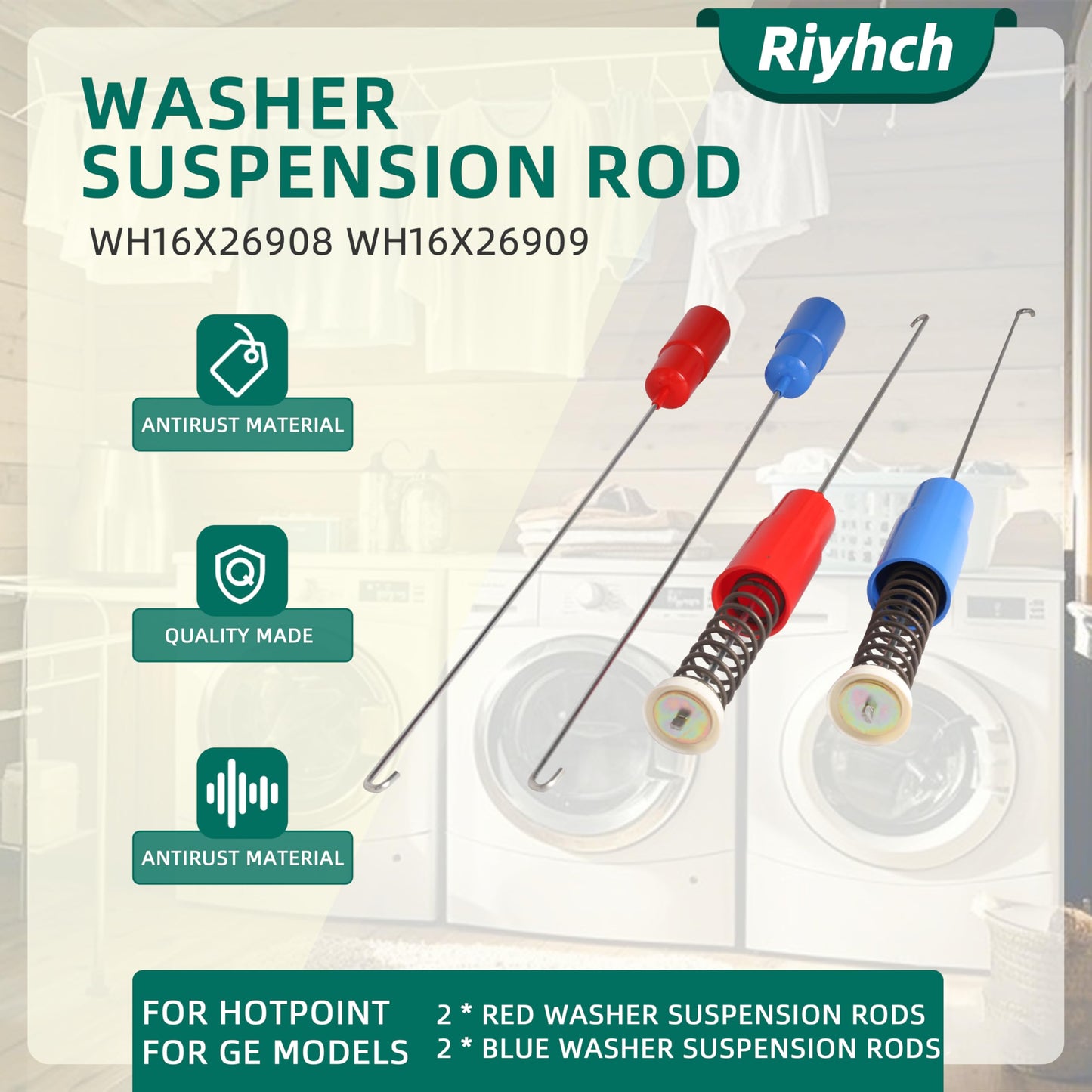Riyhch WH16X26908 WH16X26909 Washer Suspension Rod 4 PCS Fit for Hotpoint for GE Washer for GTW220ACK7WW, GTW330ASK3WW, HTW240ASK5WS, HTW240ASK6WS