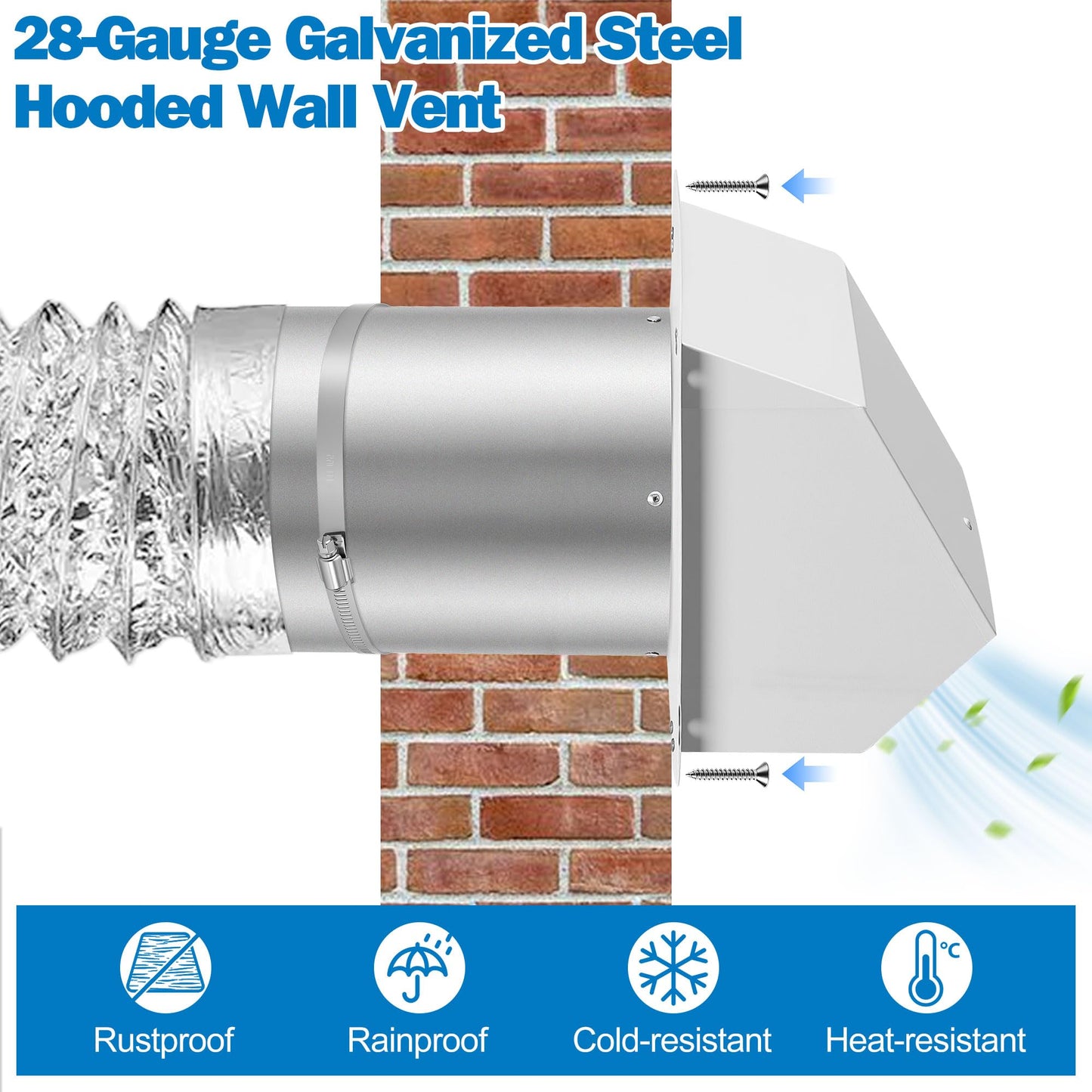 Fuairmee 6 Inch Hooded Wall Vent with Screen and Damper, Outdoor Wall Exhaust Vent Cover for Kitchen Range Air Exhaust Hood Dryer Ventilation Outside No Noise, Galvanized Steel, White