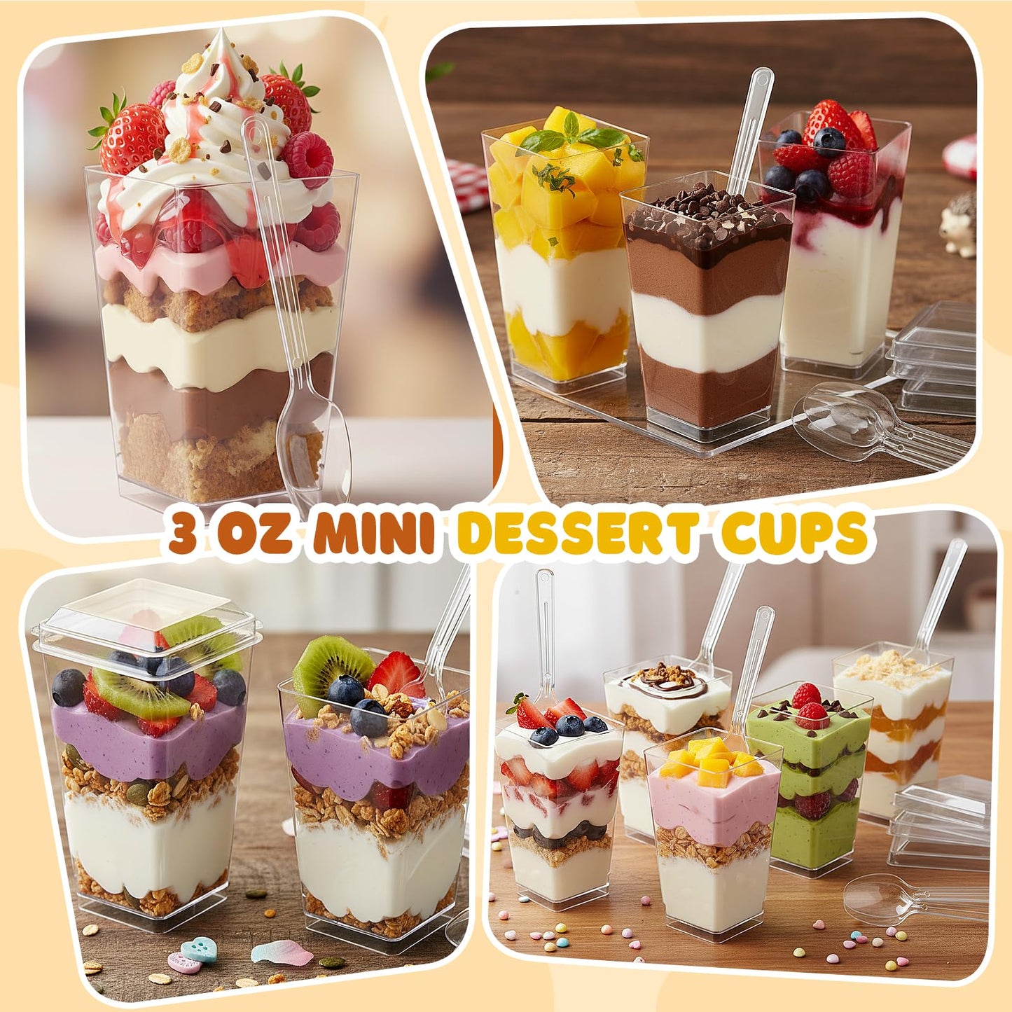 LifeIdeas 600 Pcs 3 Oz Mini Dessert Cups with Lids and Spoons, Reusable Square Appetizer, Parfait, and Shooters Cups for Parties, Ideal for Ice Cream, Fruit, Pudding, and Cake