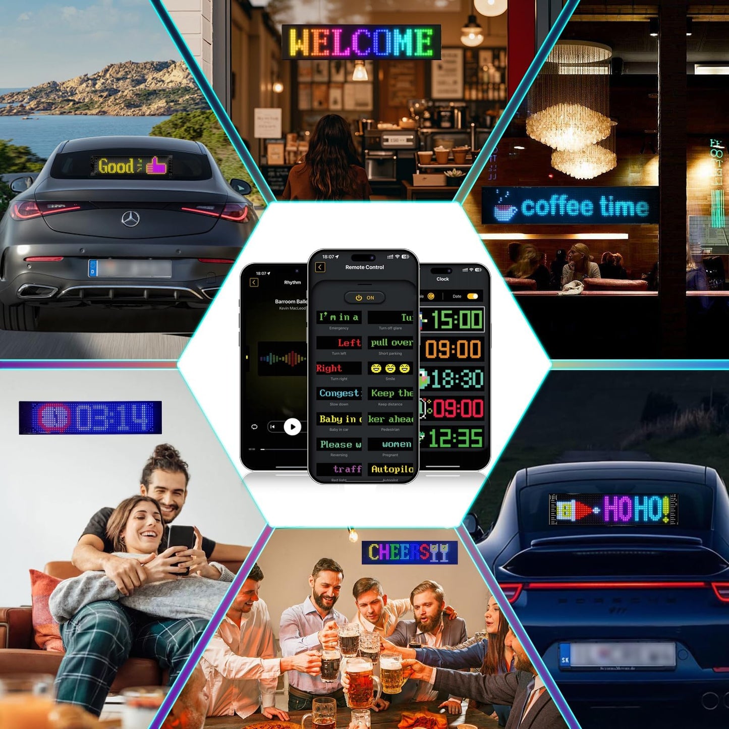 Programmable Led Sign Scrolling Display- Flexible USB 5V Digital Rgb Matrix Panel with Bluetooth App Control, Custom Text, Graphic Dimmable Light Up Board Signage for Car, Shop, Advertising(15"x4")