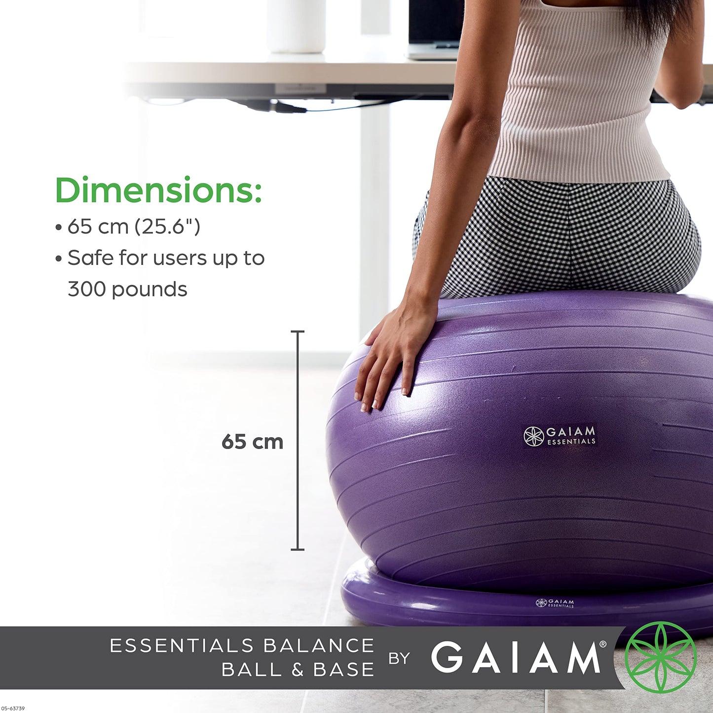 Gaiam Essentials Balance Ball & Base Kit, 65cm Yoga Ball Chair, Exercise Ball with Inflatable Ring Base for Home or Office Desk, Includes Air Pump - Grey