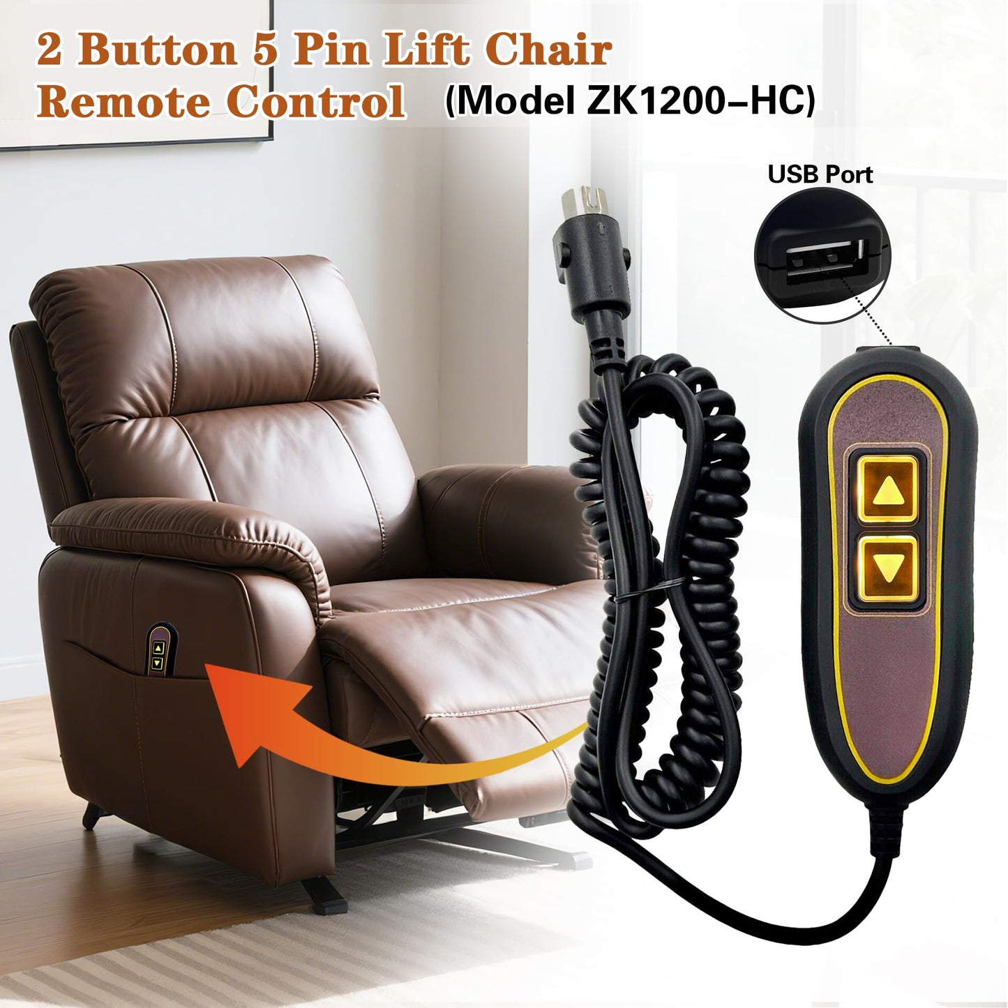 Kariwust 2 Button 5 Pin Remote ZK1200-HC Hand Control Replacement for Golden with USB and Backlight for Lift Chair Power Recliner