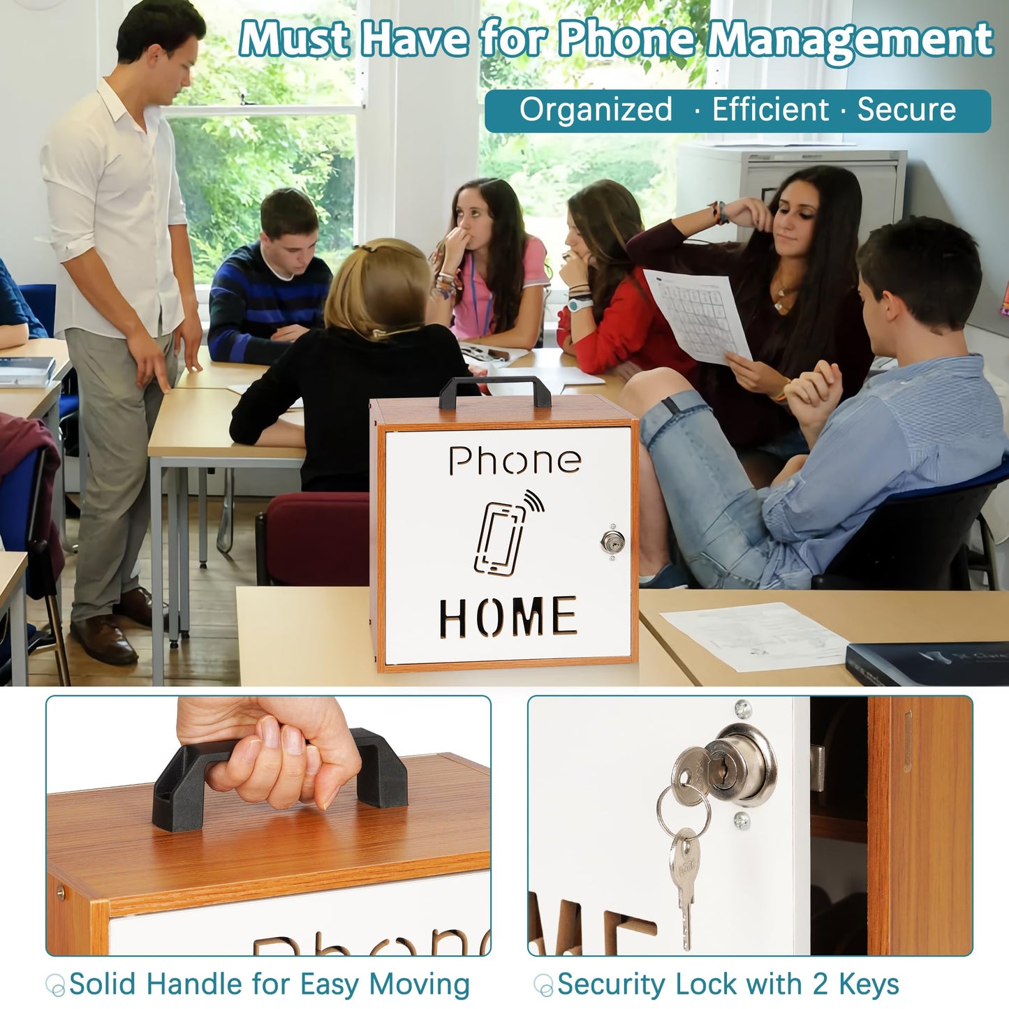 Loghot Wooden Cell Phone Storage Cabinet, Adjustable Dividers Cell Phone Locker with Security Lock & Handle, Desktop Phone Organizer for Classroom, Office & Repair Shops (Cherry, 33 Slots)
