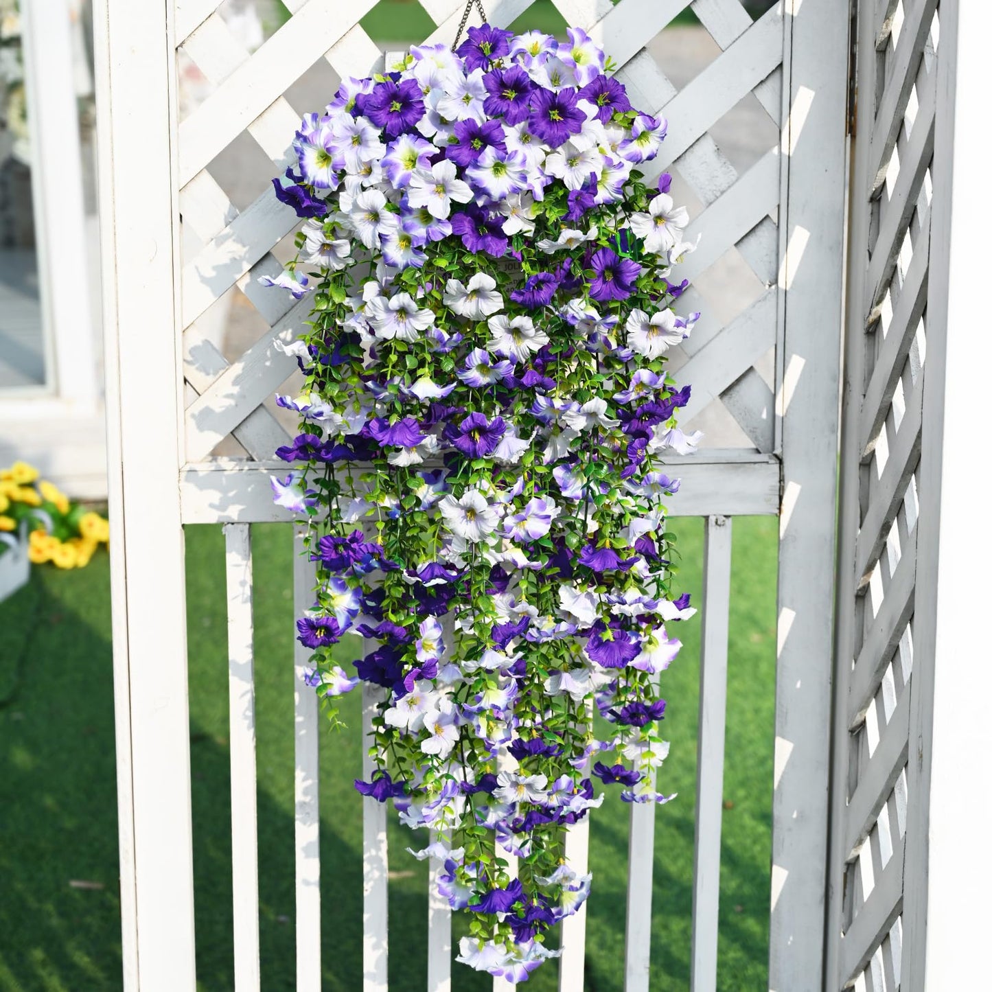 Waipfaru Artificial Petunias Flowers for Outdoors, 2 Pcs UV Resistant Fake Hanging Plants Spring Outside Decor, Faux Silk Flowers Long Trailing Vines for Outdoor Planters Porch Garden (Purple White)
