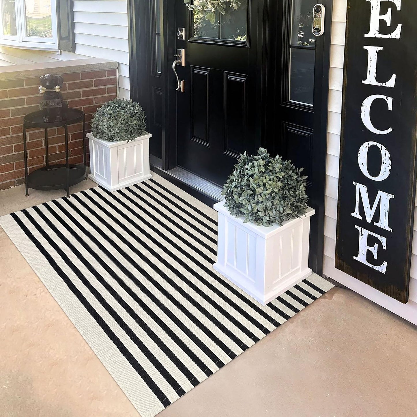KILOCOCO Beige Striped Rug 3x5 Indoor Outdoor Rugs Front Door Rugs Hand Woven Cotton Washable Striped Layered Doormats for Front Porch/Kitchen/Farmhouse/Entryway/Patio