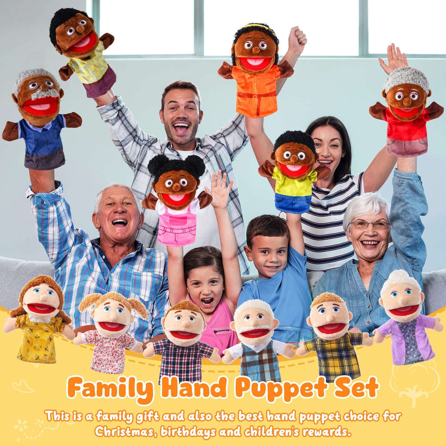 12 Pcs Family Hand Puppets 12 Inch Grandparents Mom Dad Brother Sister Plush Toys Role-Play Toy Puppets for Kids Storytelling Imaginative Pretend Play Teaching Preschool(Multicultural Family)