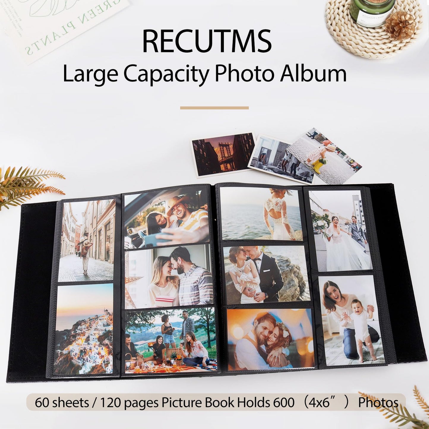 RECUTMS Photo Album for 4x6 Pictures 600 Pockets Black Inner Page Button Grain Leather Cover of Large Capacity Pictures Album Book Birthday Christmas Wedding Anniversary Memory (Black)