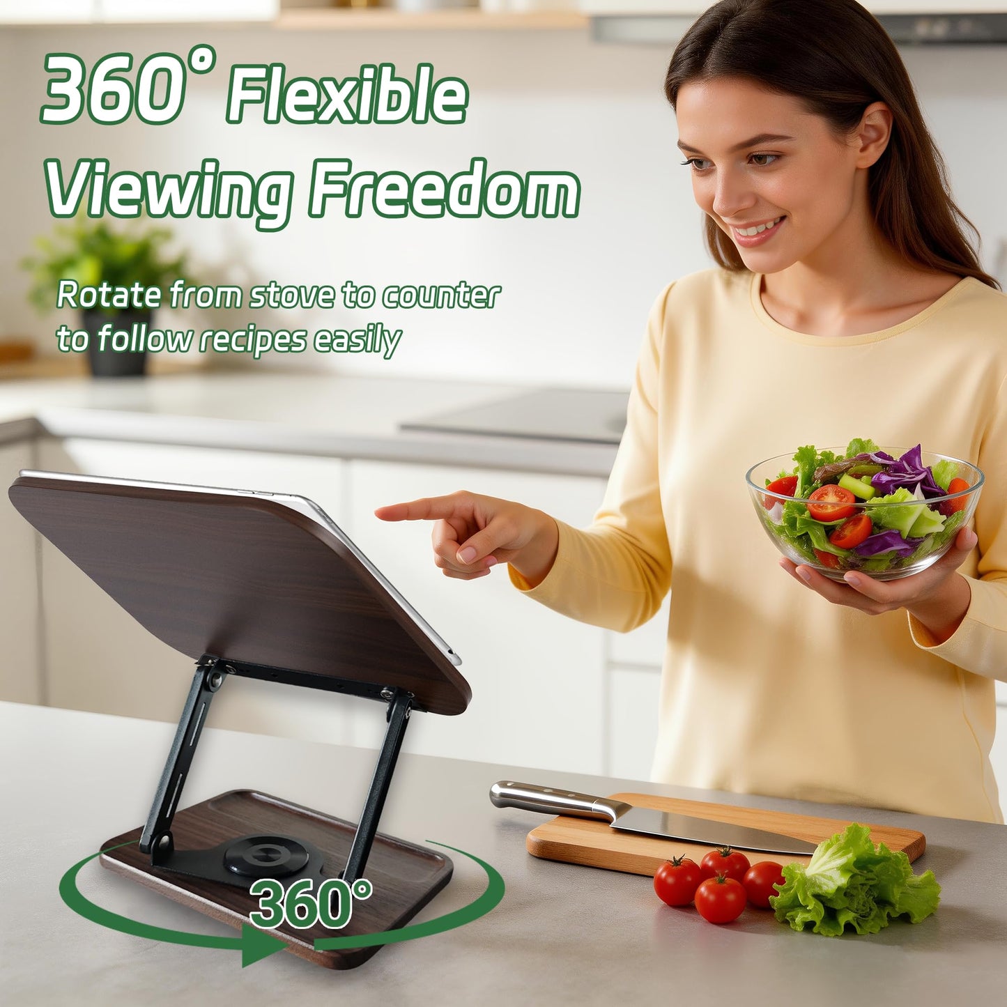 Siyoriot Book Stand for Reading, 360° Rotating Book Holder for Desk, Heavy Duty Bible Stand with Page Clips, Adjustable Height for Thick Textbooks, Cookbooks, Music Book