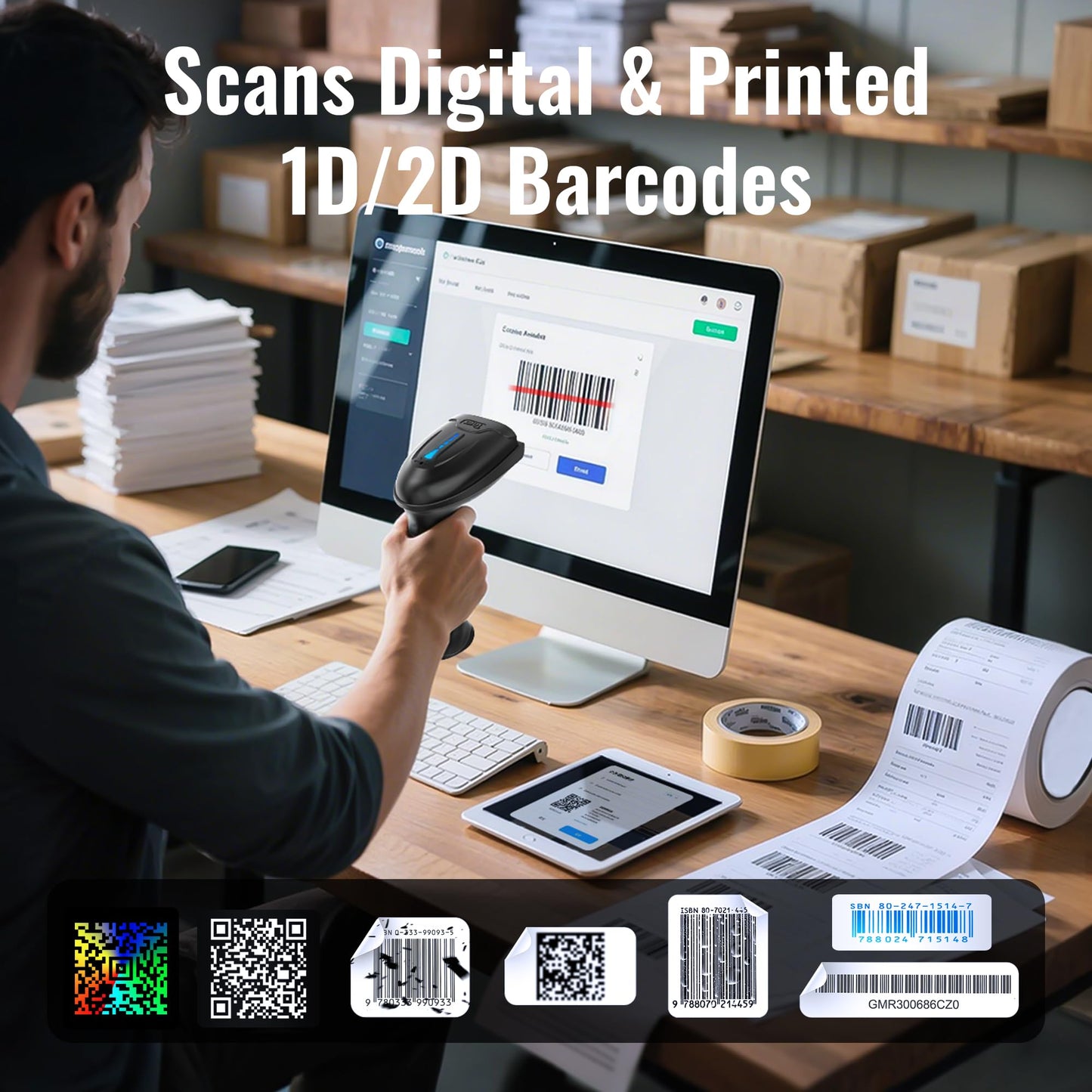 Tera 1D 2D QR Barcode Scanner Wireless and Wired with Battery Level Indicator Digital Printed Bar Code Reader Cordless Handheld Barcode Scanner Compact Plug and Play Model D5100