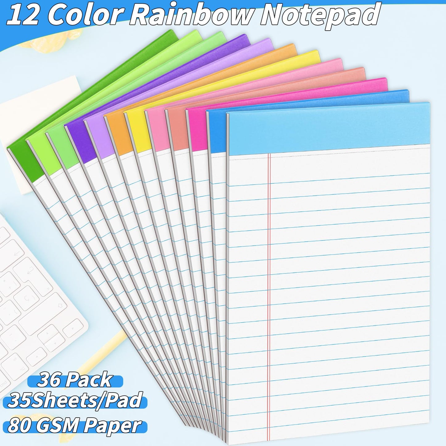 36 Pack Legal Pads Bulk, 5x8 Inch Rainbow Notepad, Note Pads Wide Ruled Perforated Memo Pad for Work Study Daily Note Taking List, Lined Writing Pads Memo Refills Notepads for Office Home School
