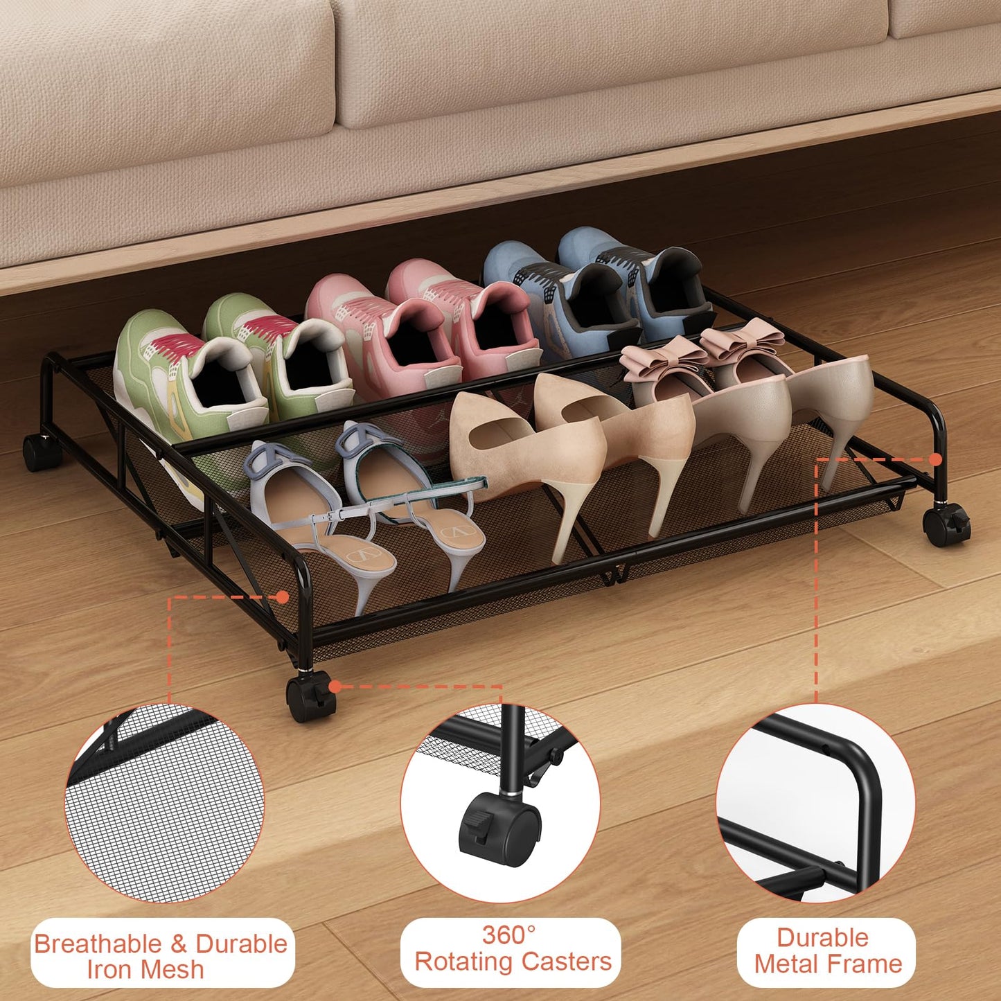 KOSIWU Under Bed Shoe Storage Organizer, 2 Pack Metal Mesh Under Bed Storage Containers with Wheels, Shoe Organizer Drawer Space Saving for Bedroom