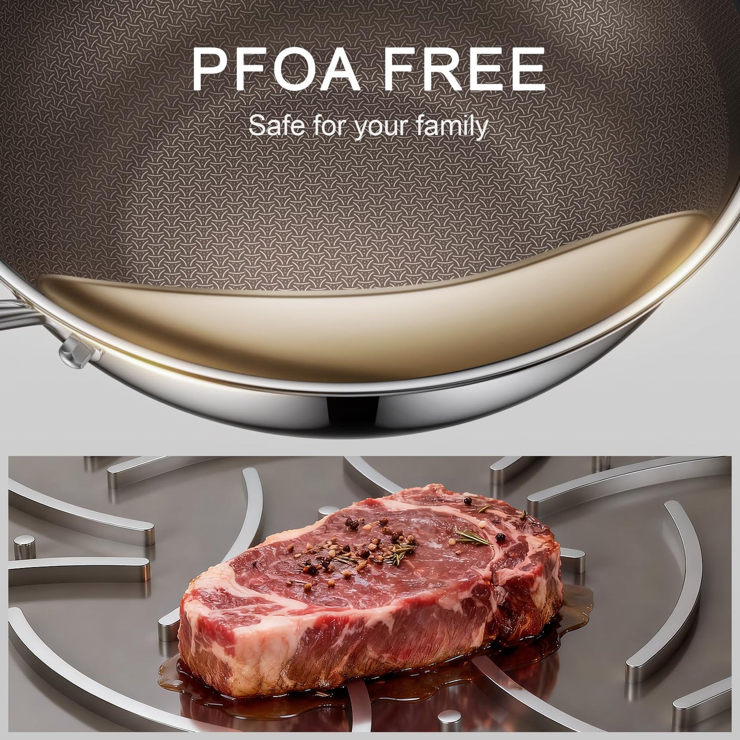 Uven Traoqq 12.5-Inch Hybrid Stainless Steel Wok Pan with Lid, Laser-Textured Nonstick Stir Fry Pan, PFOA-Free, Induction Compatible, Oven & Dishwasher Safe for All Cooktops