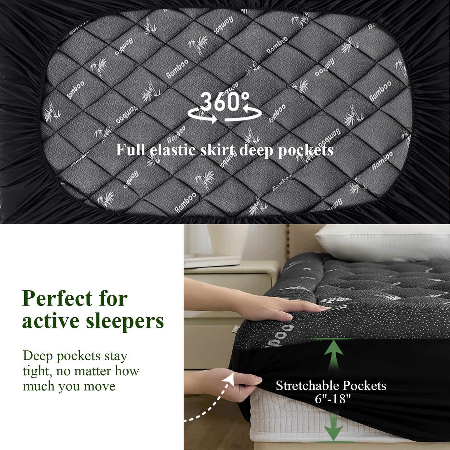 Queen Mattress Topper, Viscose Derived from Bamboo, Thick Pillow Top Mattress Pad with Deep Pocket Fits 6-18 inches, Naturally Cooling for Hot Sleepers, Soft for Back Pain Relief, Premium Dark Grey