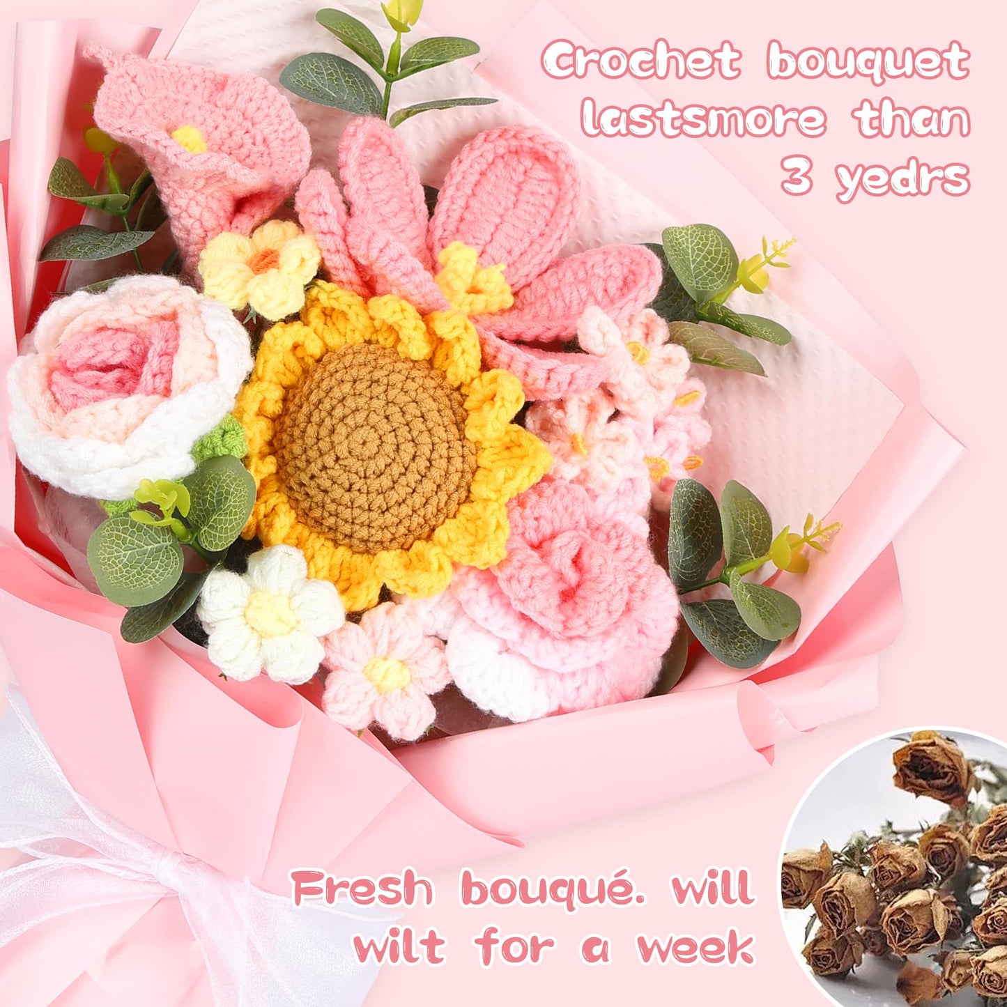 Crocheted Bouquet, Handmade Knitted Flowers，Tulips, Sunflowers Roses Crochet Flowers Suitable for Valentine's Day Teacher's Day Anniversary Birthday Parties Mother's Day Graduation Gifts (Pink)