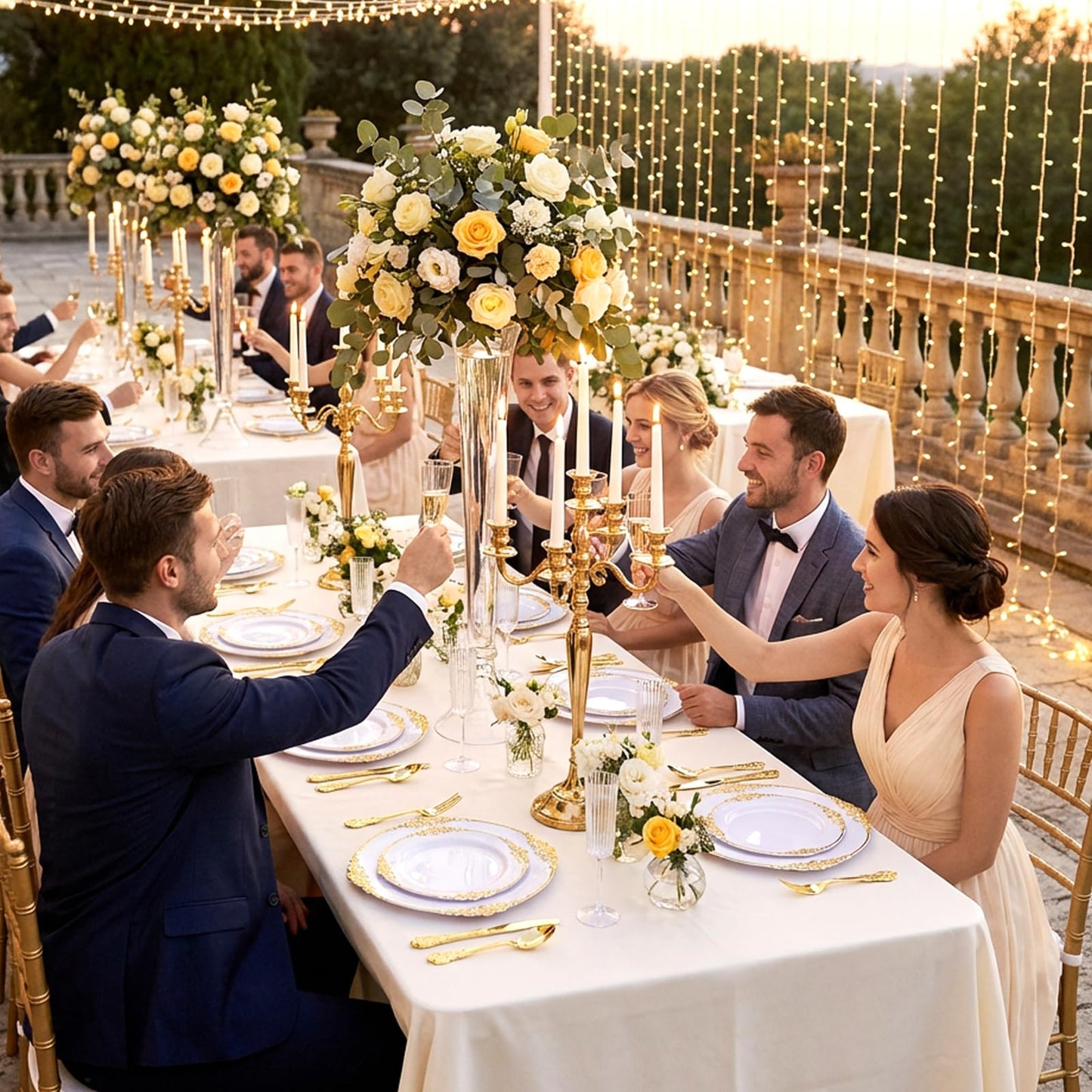 Joyido 200PCS White and Gold Plastic Plates - Gold Disposable Plates - Gorgeous Wedding Plate 10inch Dinner & 7.25inch Dessert Plate for 100 Guests for Wedding & Party