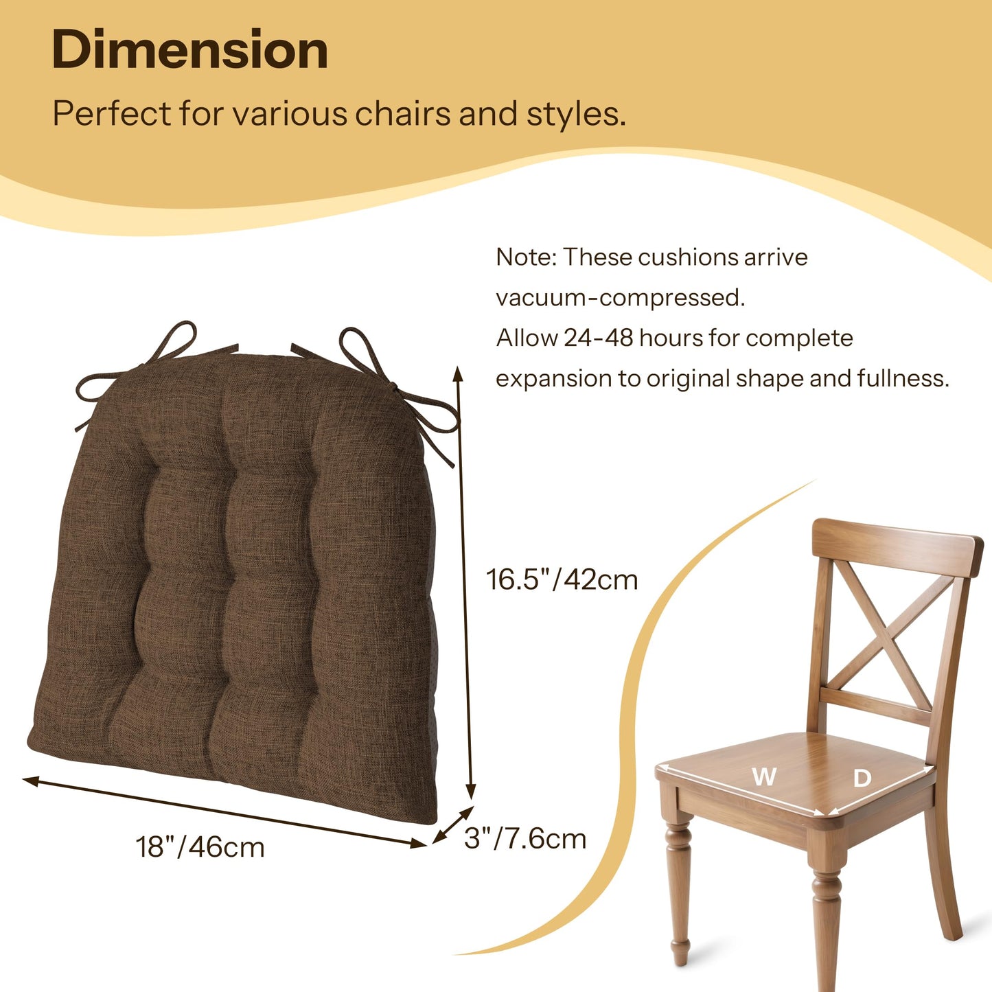 FlyGulls Chair Cushions for Dining Chairs Set of 4 Durable D-Shaped Seat Cushions with Non-Slip Backing Secure Ties Thick Cozy Seat Pad for Kitchen Dining Room Office(18x16.5x3in Coffee)