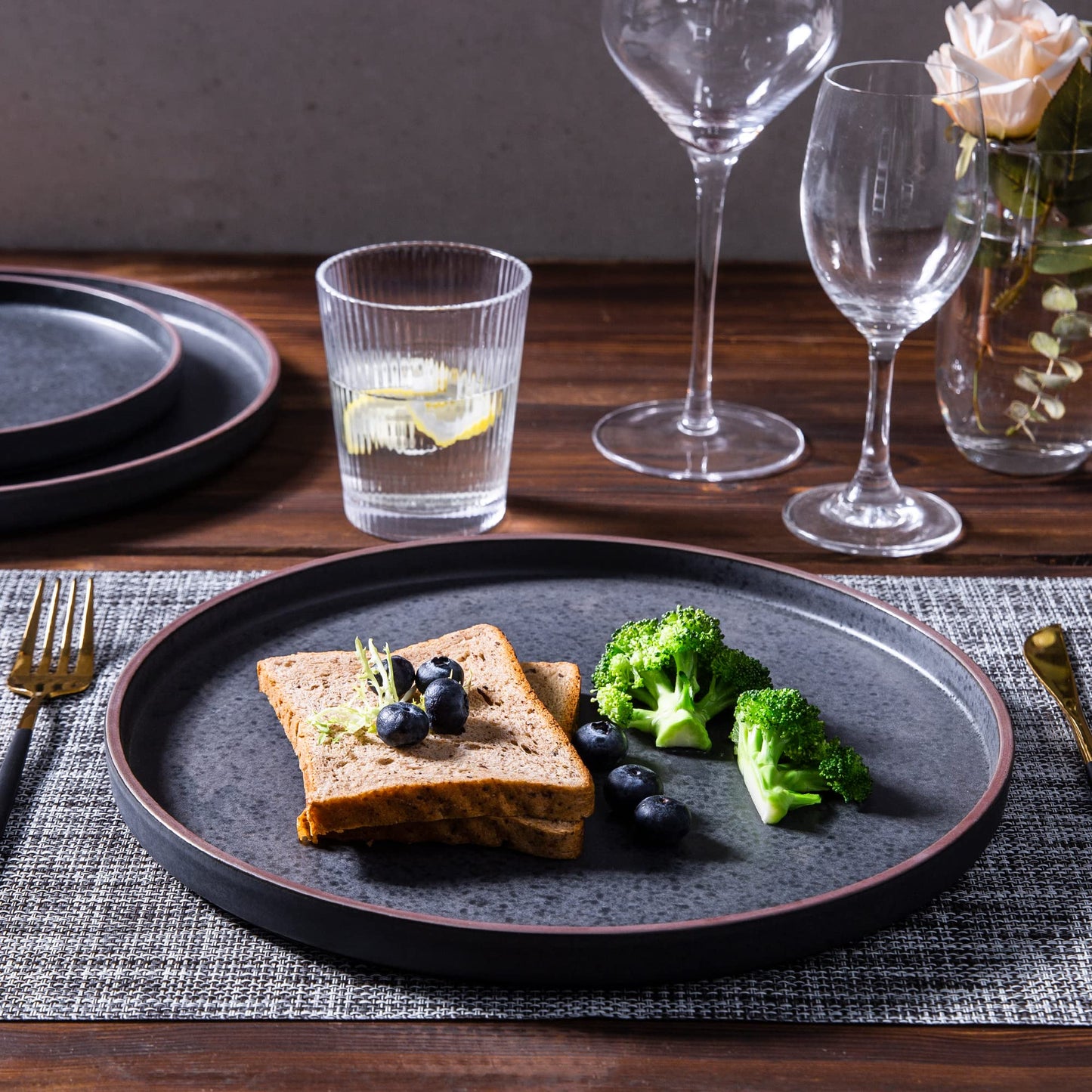 LERATIO Dinner Plates,Ceramic Dinner Plates Set of 6,10.75 inch Large ceramic plates,Modern Shape Dinnerware Dishes Set for Kitchen, Microwave & Dishwasher & Oven Safe-Coffee Rim