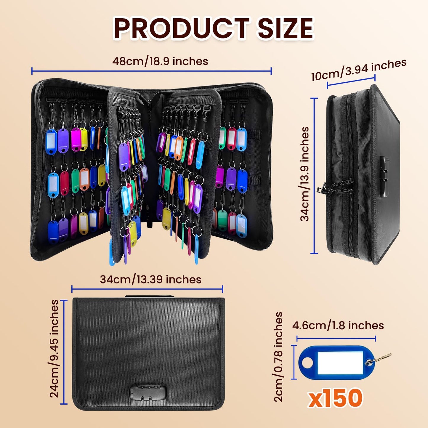150 Position Key Organizer with Combination Lock, Waterproof Fireproof Zippered Key Case, Key Holder Box for Rental Management Real Estate Sales Hotel Executives