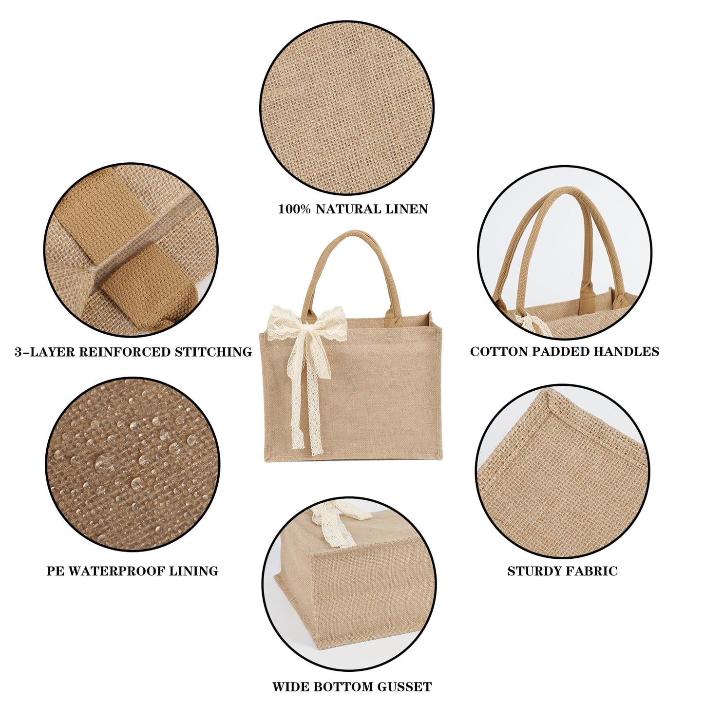 12pcs Burlap Tote Bag Set with Handles, Waterproof Reusable Blank Water Resistant Grocery Bags with Ribbon Large Jute Tote 15.35*6*12 Inch for Women Bridesmaid Gift Beach Shopping Wedding Travel DIY