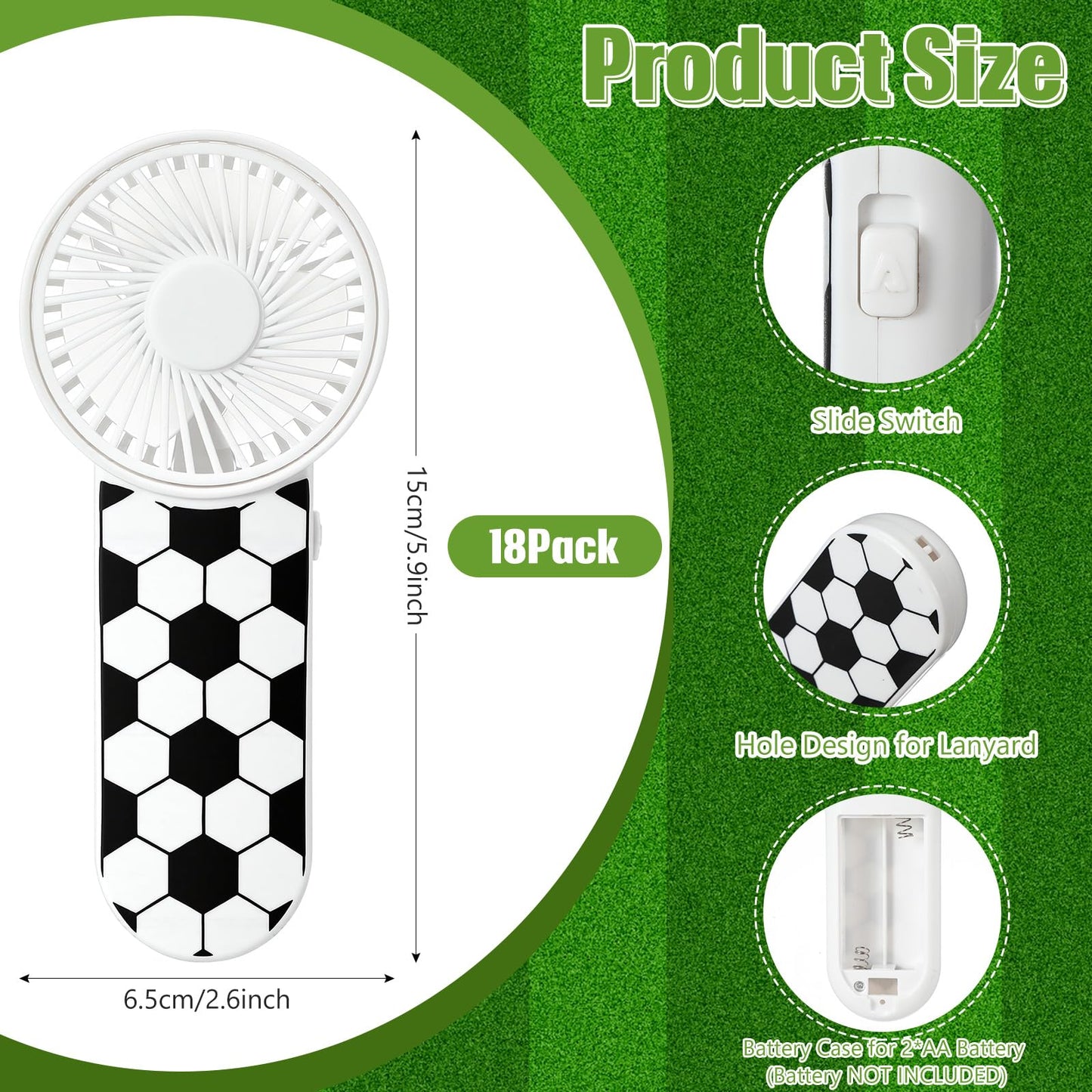 Honoson 18 Pcs Soccer Party Favors Mini Portable Handheld Fan Bulk with Lanyard for Team Gift Softball Goodie Bags Game Outdoor Sport Party, Battery Not Include