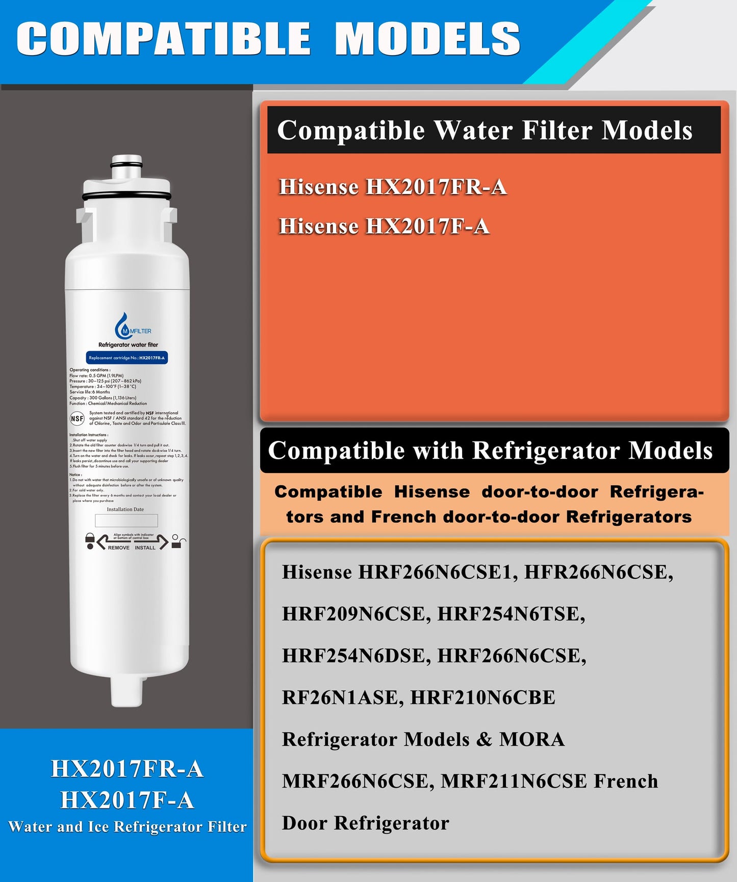 HX2017FR-A HX2017F-A refrigerator water filter,replacement Compatible with Hisense HX2017FR-A HX2017F-A Hisense HRF266N6CSE HRF266N6CSE1 HRF209N6CSE HRF254N6TSE HRF254N6DSE (2-PACK)