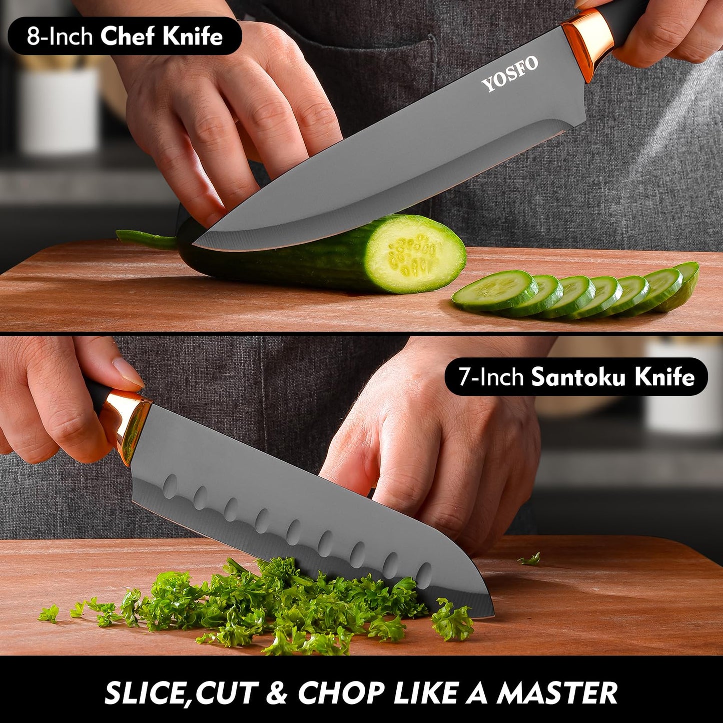 YOSFO Kitchen Knife Set,15 Pcs Knife Set with Block and Sharpener,High Carbon Stainless Steel Ultra Sharp,Dishwasher Safe