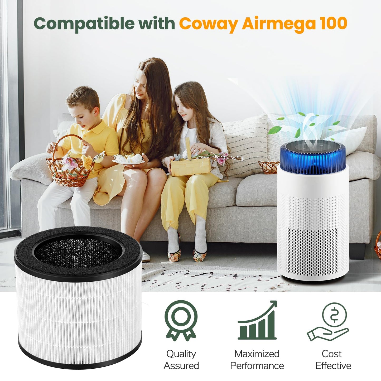 2 Pack Airmega 100 Filter Replacement Compatible with Coway Airmega 100 Air Purifier, 3-IN-1 Hepa Filter, Deodorization Filter with Activated Carbon