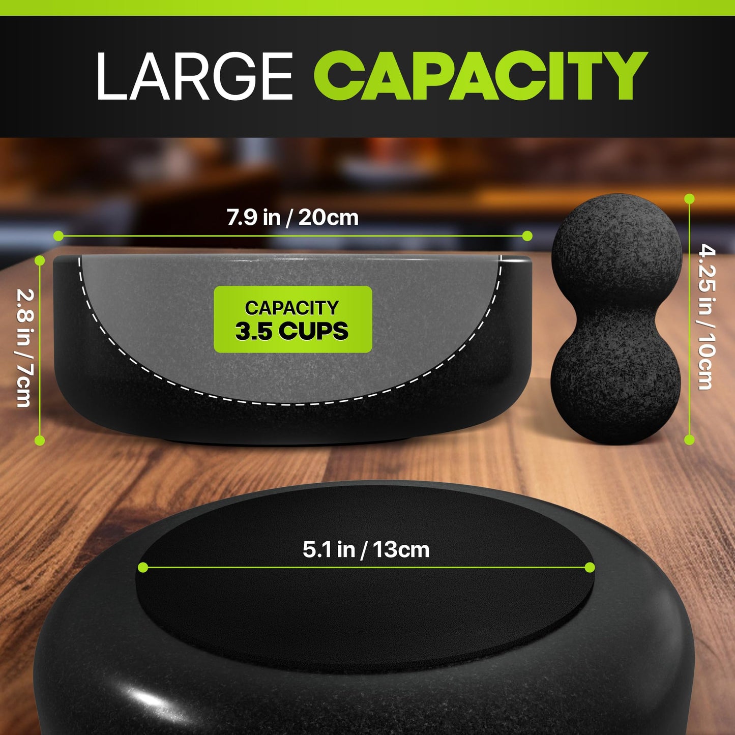 Umien Granite Mortar and Pestle Set - 8-Inch Natural Stone Molcajete with Avocado Tool - 3.5 Cup Capacity for Spices, Herbs, Pestos & Guacamole - Premium Kitchen Gift (Black)