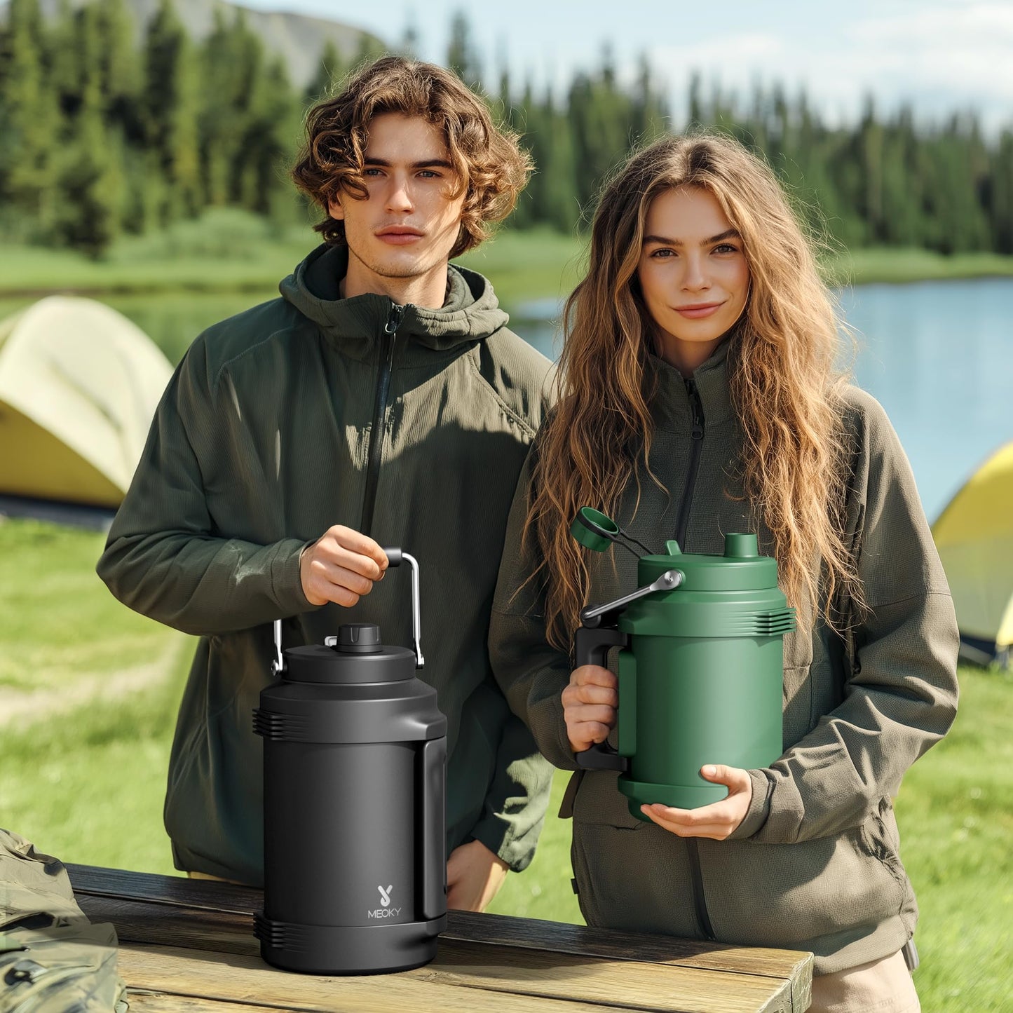 64 oz Insulated Water Bottle for Gym: Meoky Triple Wall Vacuum Stainless Steel Half Gallon Water Jug - Top and Side Handles, 2-in-1 Straw and Spout Lid, Cold for 36 Hrs, Leak Proof for Camping (Night)