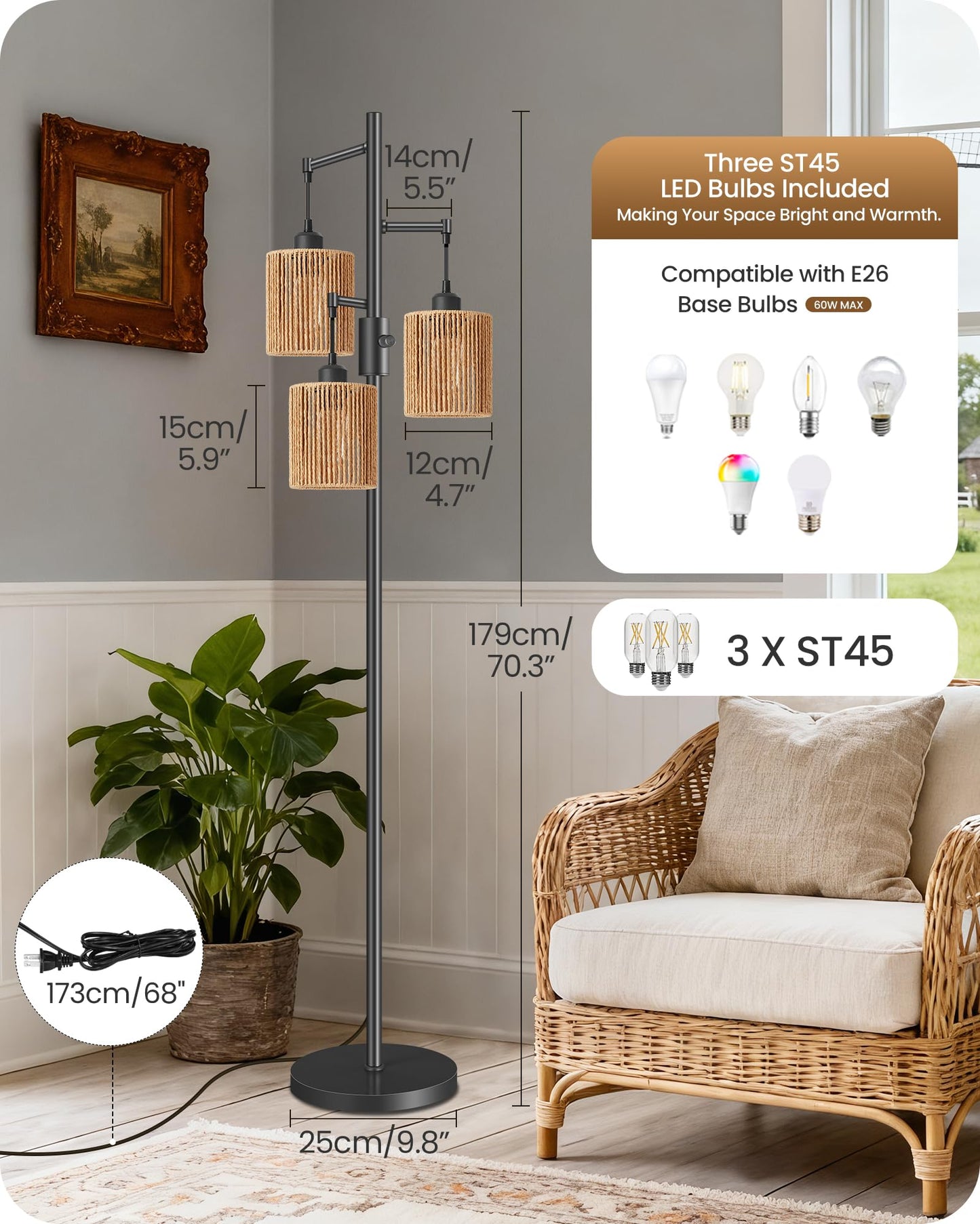 GOEBLESON Dimmable Floor Lamp, Farmhouse Tall Standing 70.3" Tree Lamp with 3 Rope Woven Lampshades, Boho Rattan Floor Lights, 4W 3 LED Bulbs Included, for Living Room, Bedroom, Study, Office AB03LD05