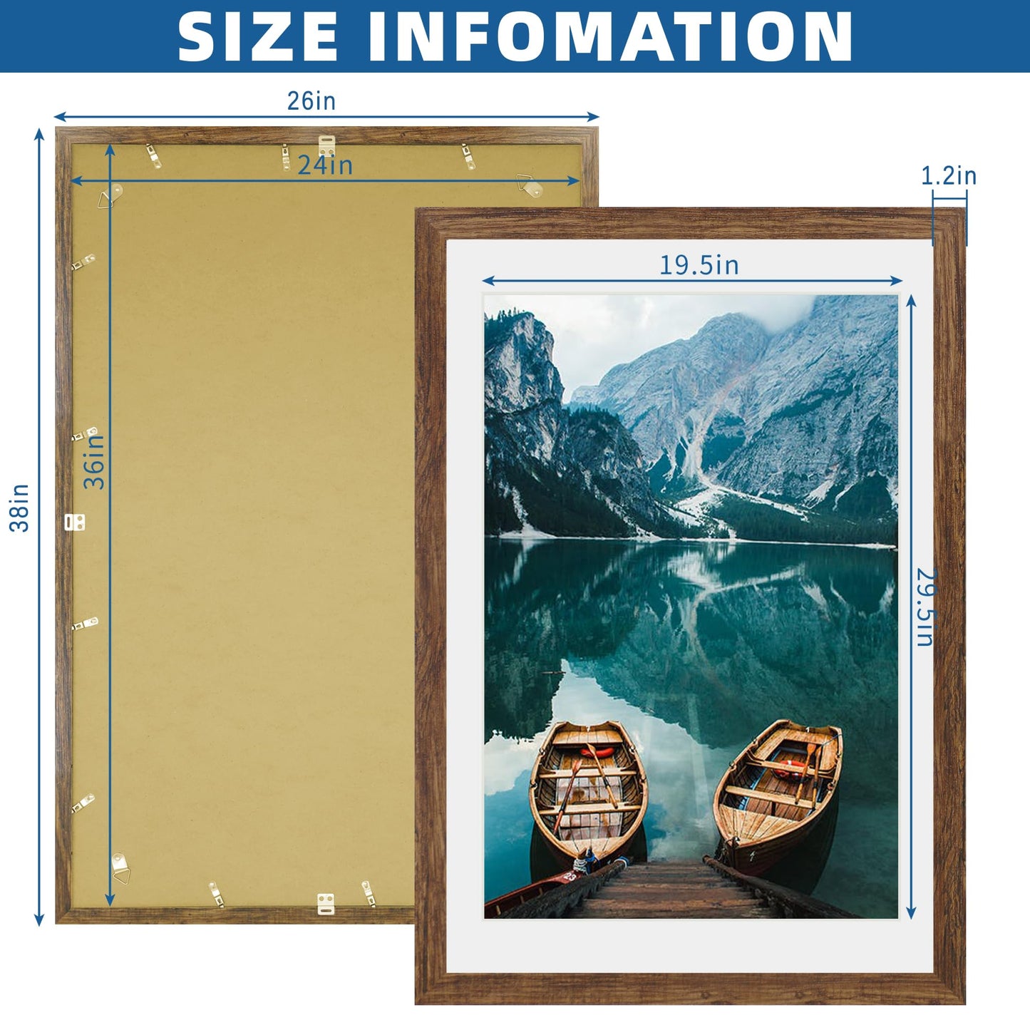 Hongkee 24x36 Poster Frame Set of 2, Rustic Brown Wood Style - Display 20x30 Picture with Mat or 24 x 36 Poster without Mat, Wall Mounting Horizontal and Vertical