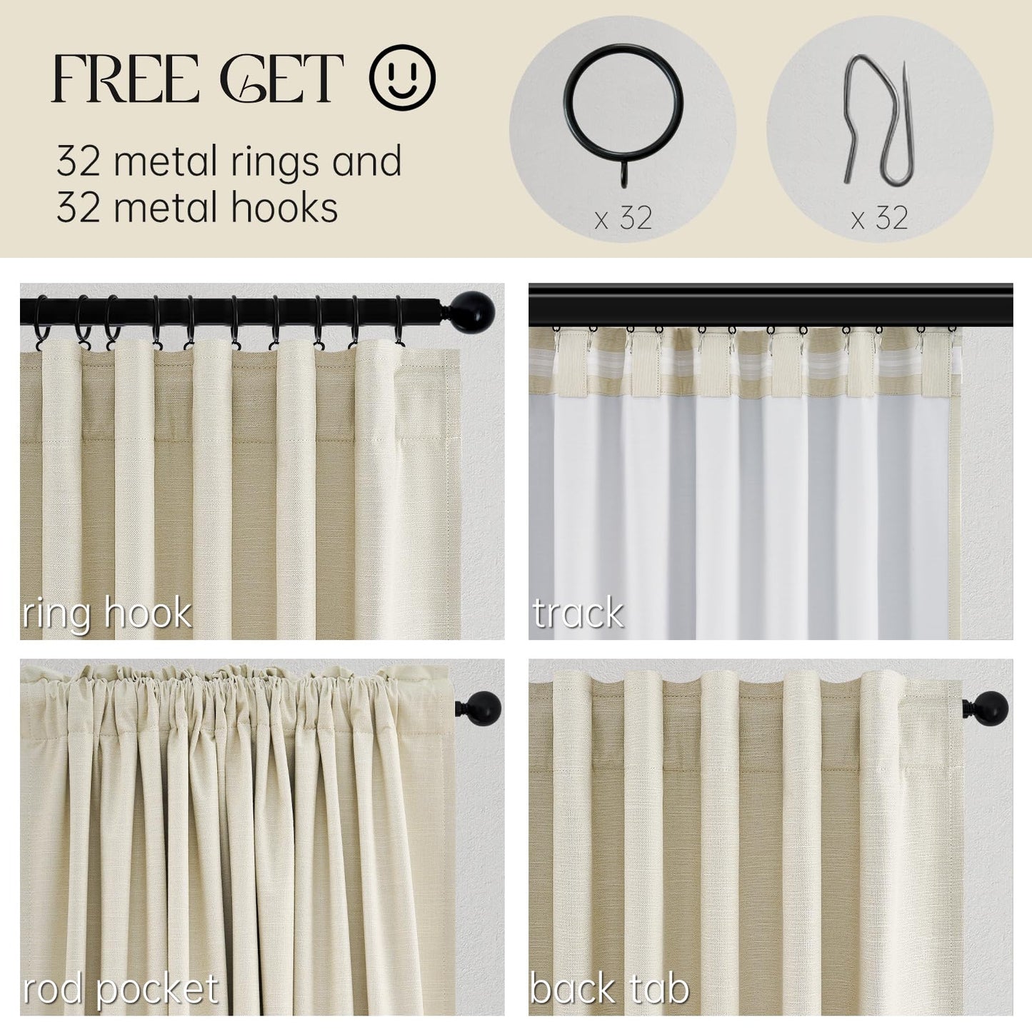 Topfinel Cream Ivory Blackout Curtains & Drapes 84 Inch Length, Beige Pinch Pleat Full Blackout Flax Linen Tab Top Soundproof Curtains with Hooks Rings for Bedroom Living Room Track 2 Panels Set