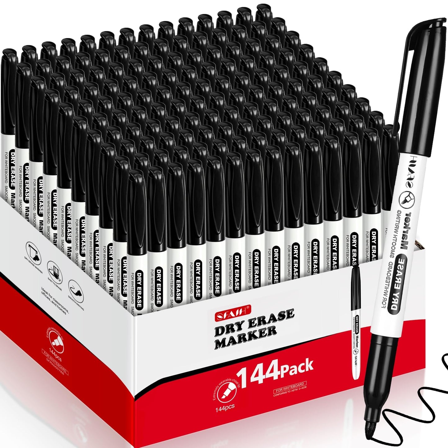 SFAIH Fine Tip Dry Erase Markers - 144 Pack Black Whiteboard Erasable Markers Bulk, Professional-Grade Whiteboard Markers for Offices, Schools & Businesses Long-Lasting Supply, Non-Toxic Easy Clean