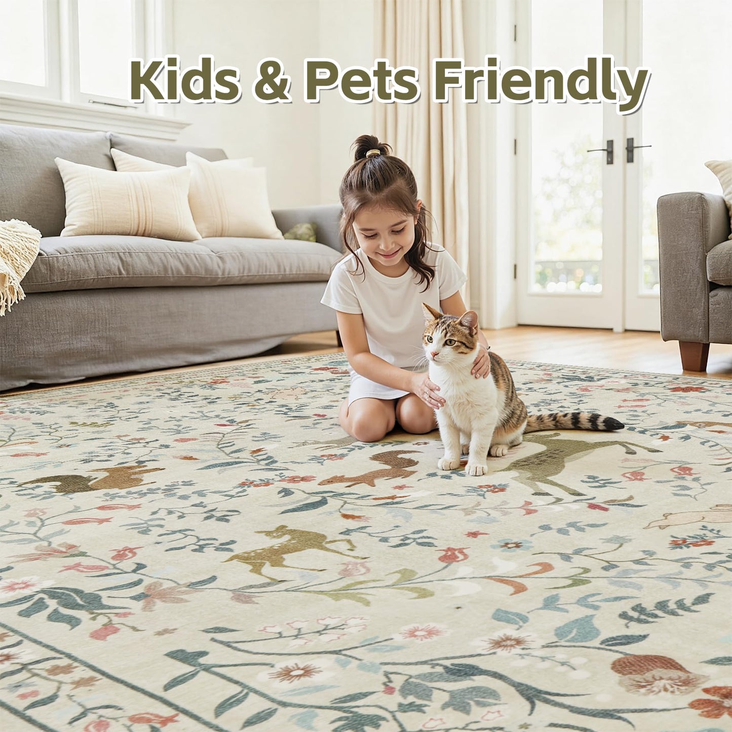5x7 Area Rugs Washable Rug: Lagre Boho Living Room Rug Soft Non-Slip Thin Carpet Indoor Floor Non-Shedding Neutral Floral Carpets for Bedroom Dining Room Farmhouse Nursery Beige Animal
