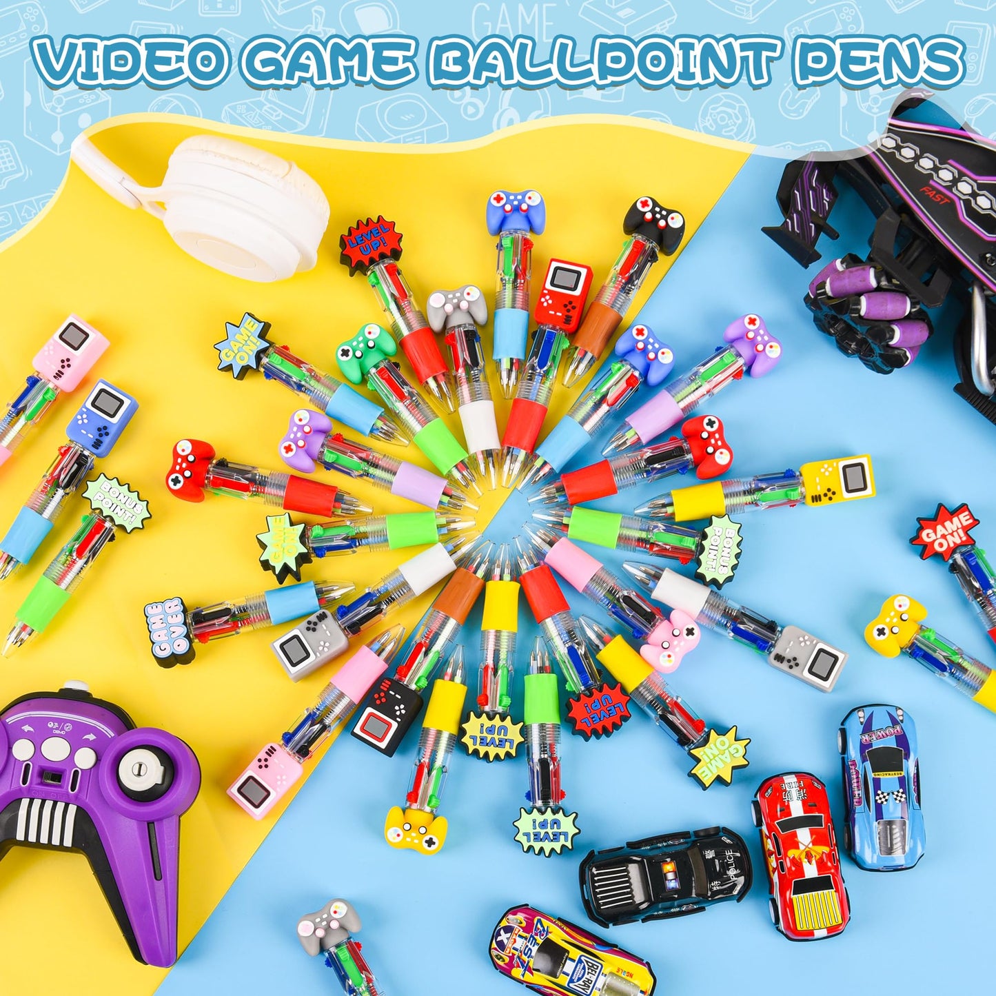 LiYiQ 100 Pcs Video Game Party Favors Multicolor Pen in One Cartoon Cute Fun 4-in-1 Cute Pens Bulk Kawaii Game Handle Level Up Games Console Shape Cool Ballpoint Pens for Kids Fun Gifts