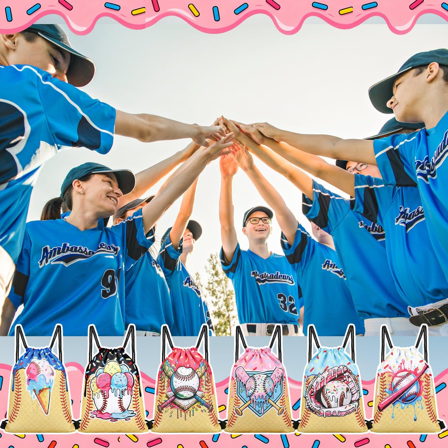Sunnymove 36 Pcs Ice Cream Drip Baseball Party Favors 7.5'' x 10'' Baseball Drawstring Bag with Handle Ice Cream Drip Bags Bulk Sport Themed Gift Wraps Party Supply for Team Birthday Treat Candy Snack