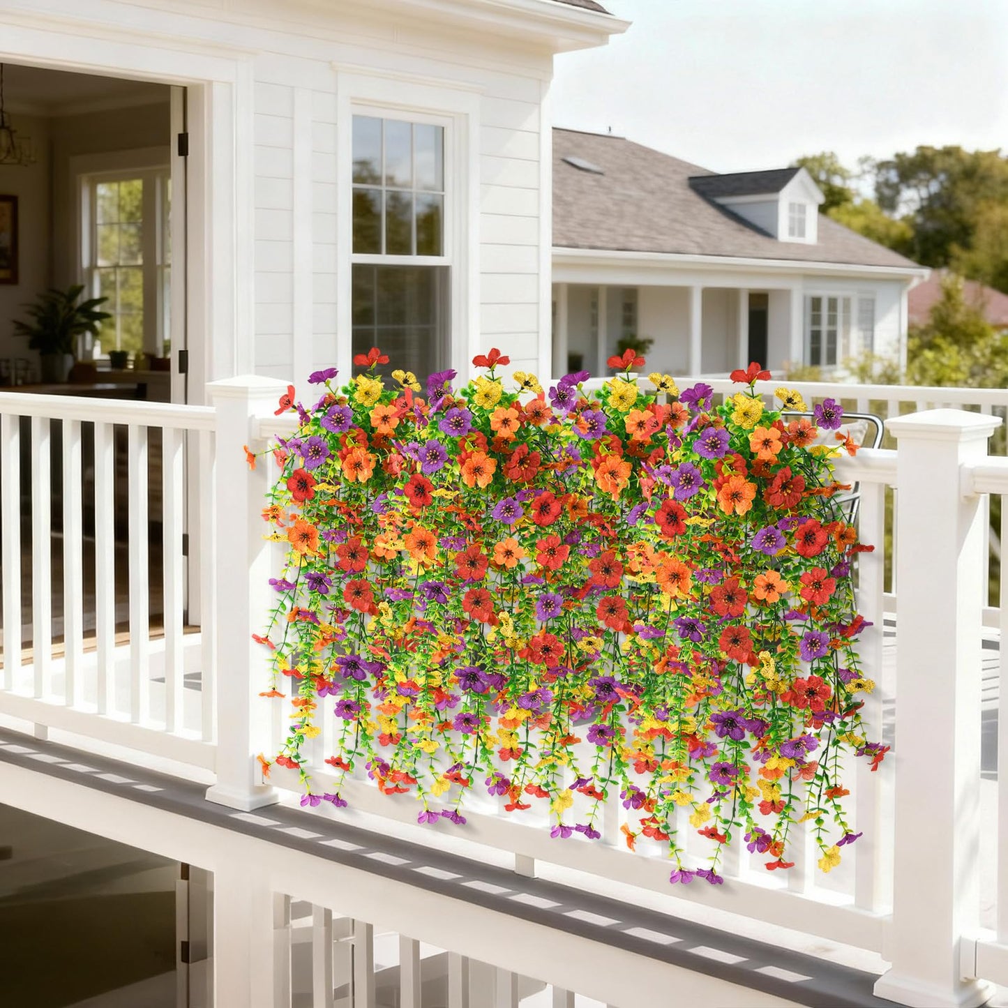 Homsunny Artificial Hanging Flowers for Outdoor, 8PCS Fake Flowers Faux Silk Daisy with Eucalyptus Leaves, UV Resistant Aritificial Outdoor Flowers for Spring Home Patio Balcony Yard Porch Decor
