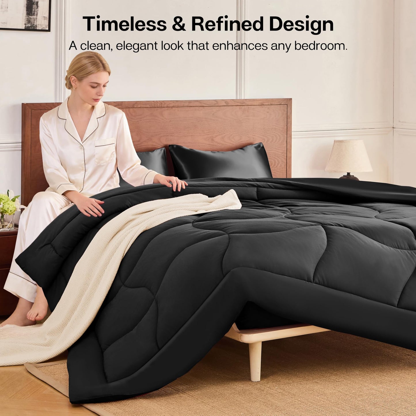 MR&HM Queen Comforter Set Black, Reversible Satin Microfiber Comforter Set for All Seasons, 3 Pieces Non-Slip Silky Soft Bedding Sets with 1 Comforter (90"x90") and 2 Pillowcases (20"x26")