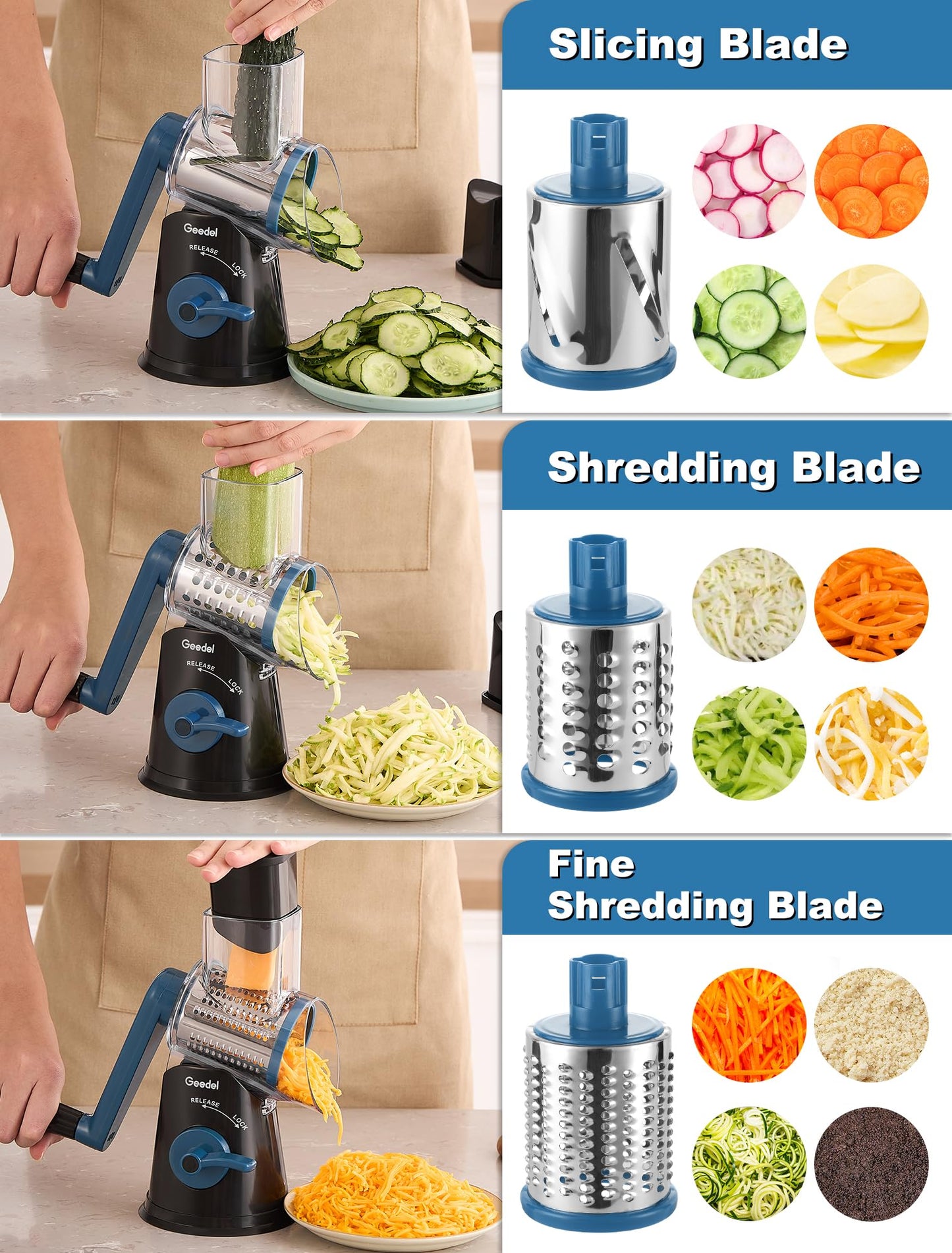 Geedel Rotary Cheese Grater Cheese Shredder - Upgraded 5-in-1 Cheese Grater with Handle and Strong Suction Base, Multi-purpose Vegetable Slicer Ice Shaver Nuts Grinder for Cheese, Vegetables, Ice