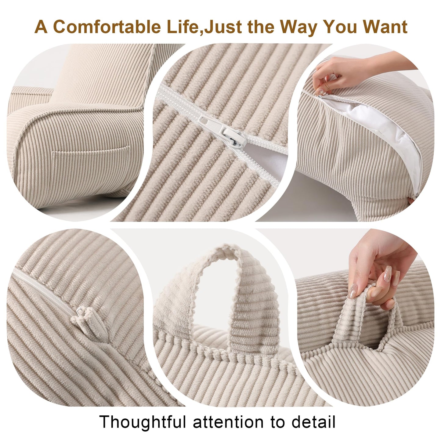 Ailuteie Reading Pillow for Sitting Up in Bed, Corduroy Backrest Pillow with Arms, Side Pocket & Washable Cover, Bed Rest Pillow Back Support for Adults, Beige Gray