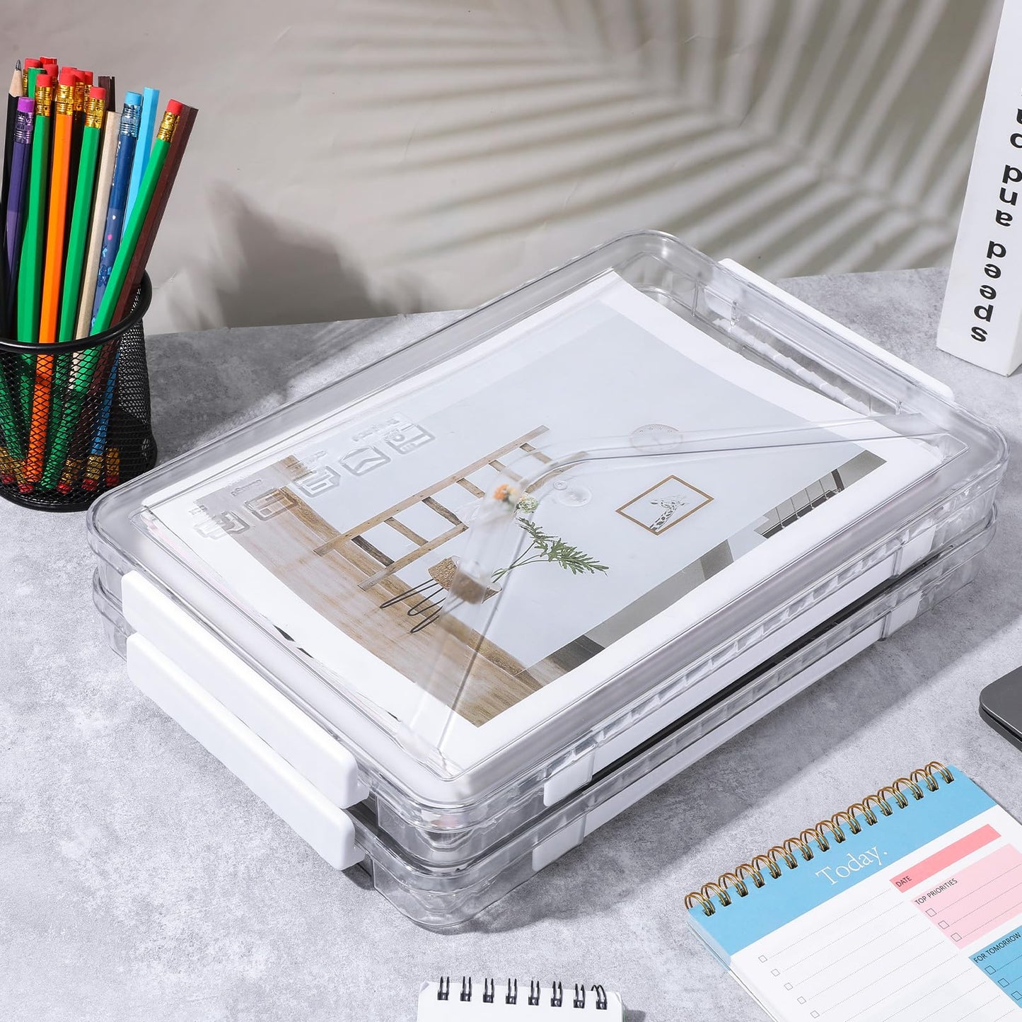 Mekueeex 4 Pack Clear Plastic File Boxes with Handle, Modern Style, Stackable, Water Resistant, A4 Letter File, Document, Photo, Scrapbook Storage