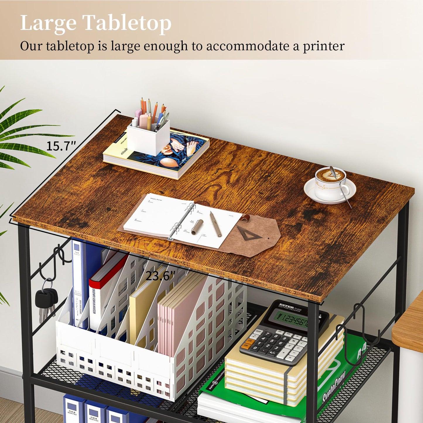 ThreeHio Printer Stand, 3Tier Printer Table with Wheels, Printer Cart with Storage Shelf, Printer Desk for Home Office Fax Machine Scanner, Rolling Cart for Kitchen, Laundry, Balcony, Living Room