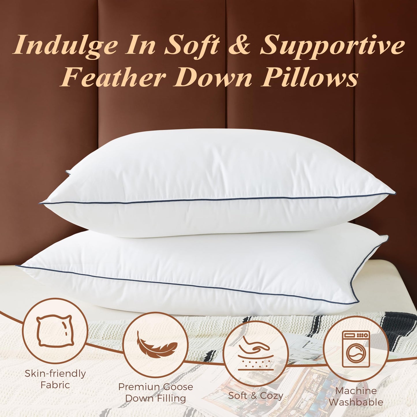 Cosybay Goose Feather Down Fiber Pillows Standard Size Set of 2, Luxury Bed Pillow for Sleeping, Ultra Soft Cover Hotel Collection Bed Pillows for Back,Stomach or Side Sleepers 20x26