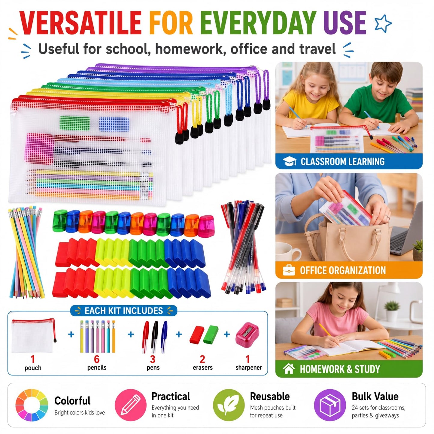 Gilprop 156 Pcs/12 Set Back to School Supplies Kit, Mesh Zipper Pouch Bags with Pencils, Erasers, Sharpeners, Pens – Bulk School Supplies for Classroom & Office Use