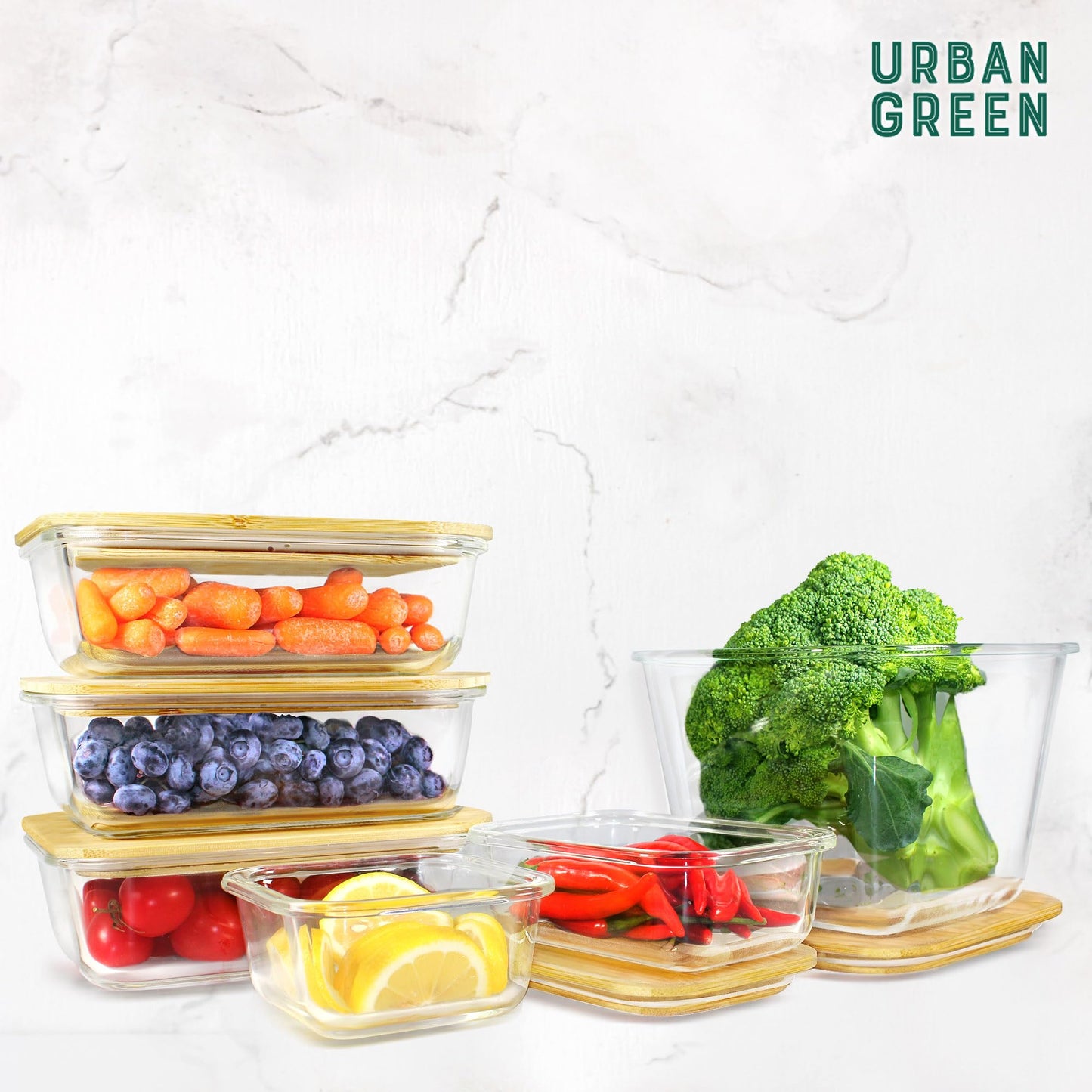 Urban Green Glass Containers with Bamboo Lids, Bamboo Meal Prep Storage Containers with Lids, Oven, Freezer, Microwave Safe, Pack of 4, 35oz