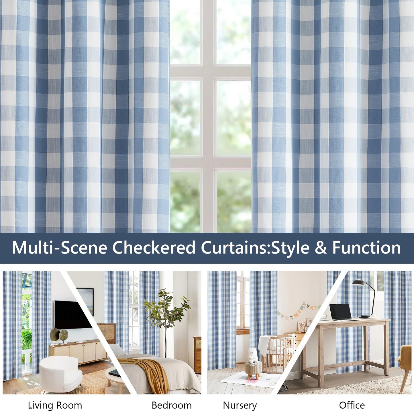 Amzdecor Blue White Buffalo Plaid Full Blackout Curtains 84 Inch Long for Bedroom Living Room Farmhouse Check Patterned Drapes Thermal Insulated Soundproof Grommet Window Treatment, 2 Panels, 40"x84"