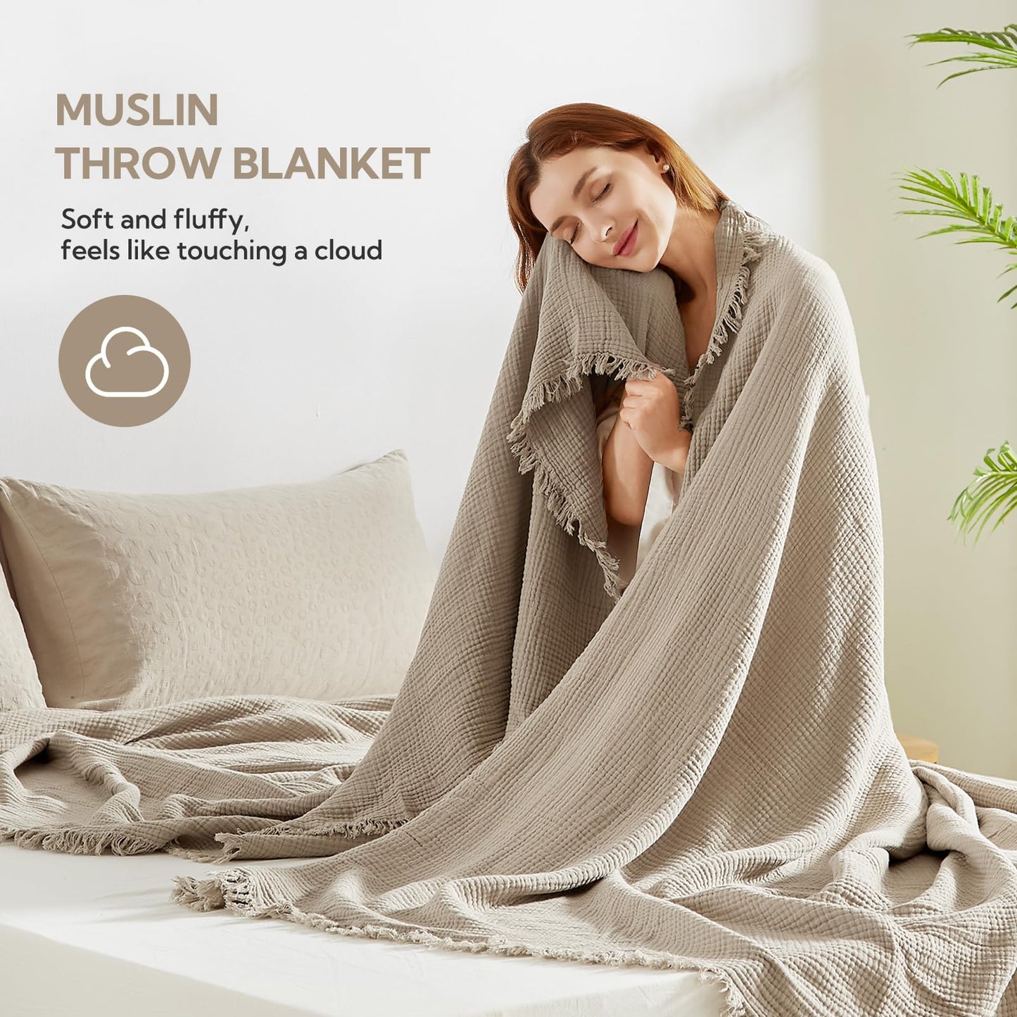 SOULFUL Muslin Throw Blanket with Tassels - Soft King Size Cotton Throw Blanket for Couch or Bed, Lightweight and Breathable Gauze for All Seasons, Light Tan, 108" x 90"