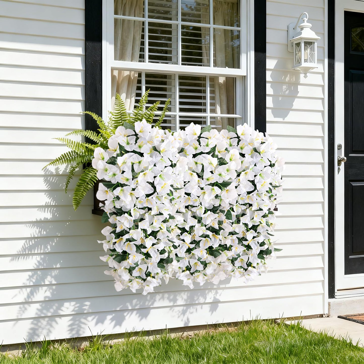 INXUGAO 2 pcs Artificial Faux Bougainvillea Flowers Plants for Outdoor Outside Summer Decoration, Fake Silk UV Resistant Long Trailing Vines for Front Door Porch Planter Balcony (White)