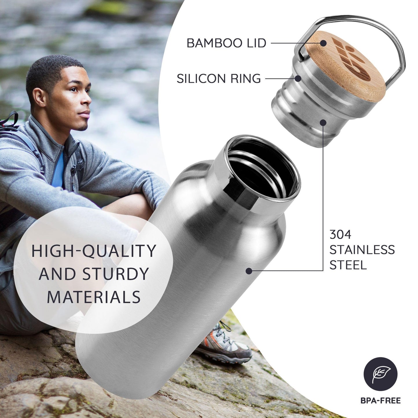 Bambaw Stainless Steel Insulated Water Bottle 32 oz, Stainless Steel Water Bottles 32 oz with Handle & Wide Mouth, Rust-Resistant Metal, Durable & Great for Travel (Natural Steel)
