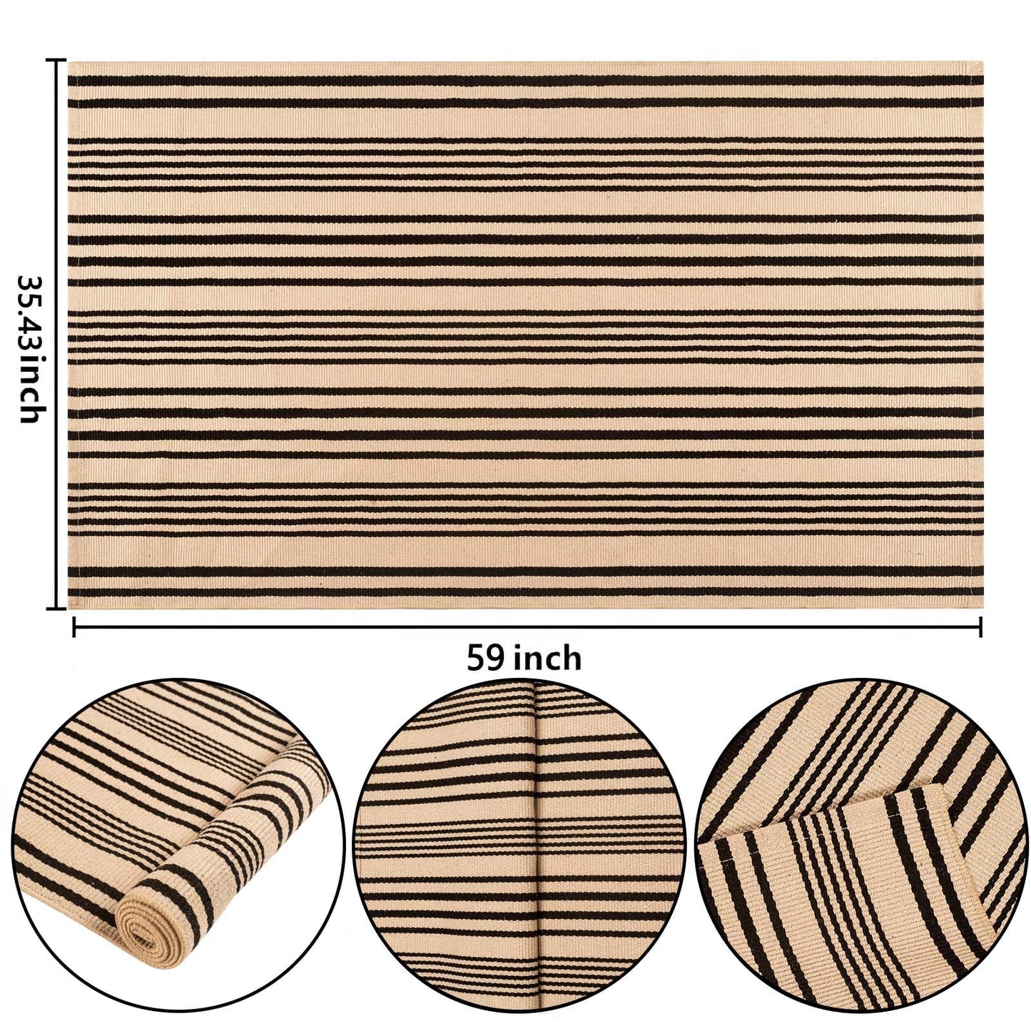BUAGETUP Outdoor Rug 3'x 5',Tan Striped Washable Area Rug Hand-Woven Cotton Rug Indoor/Outdoor Area Rug Floor Mat for Farmhouse Living Room Bedroom